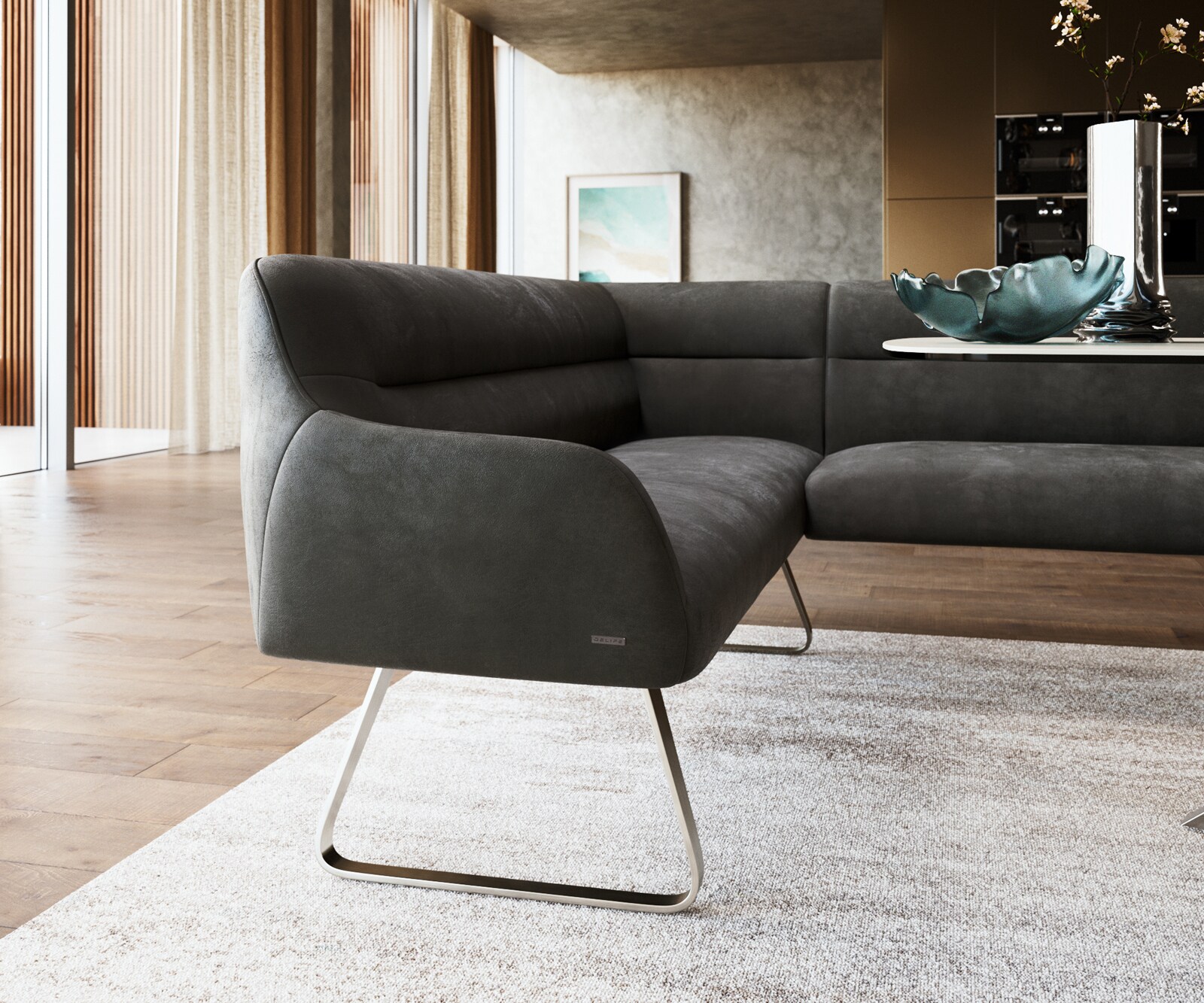 Esszimmerbank Taya-Flex 285x190 cm Mikrofaser Anthrazit Vintage Kufengestell flach Edelstahl Taschenfederkern Rechts 4