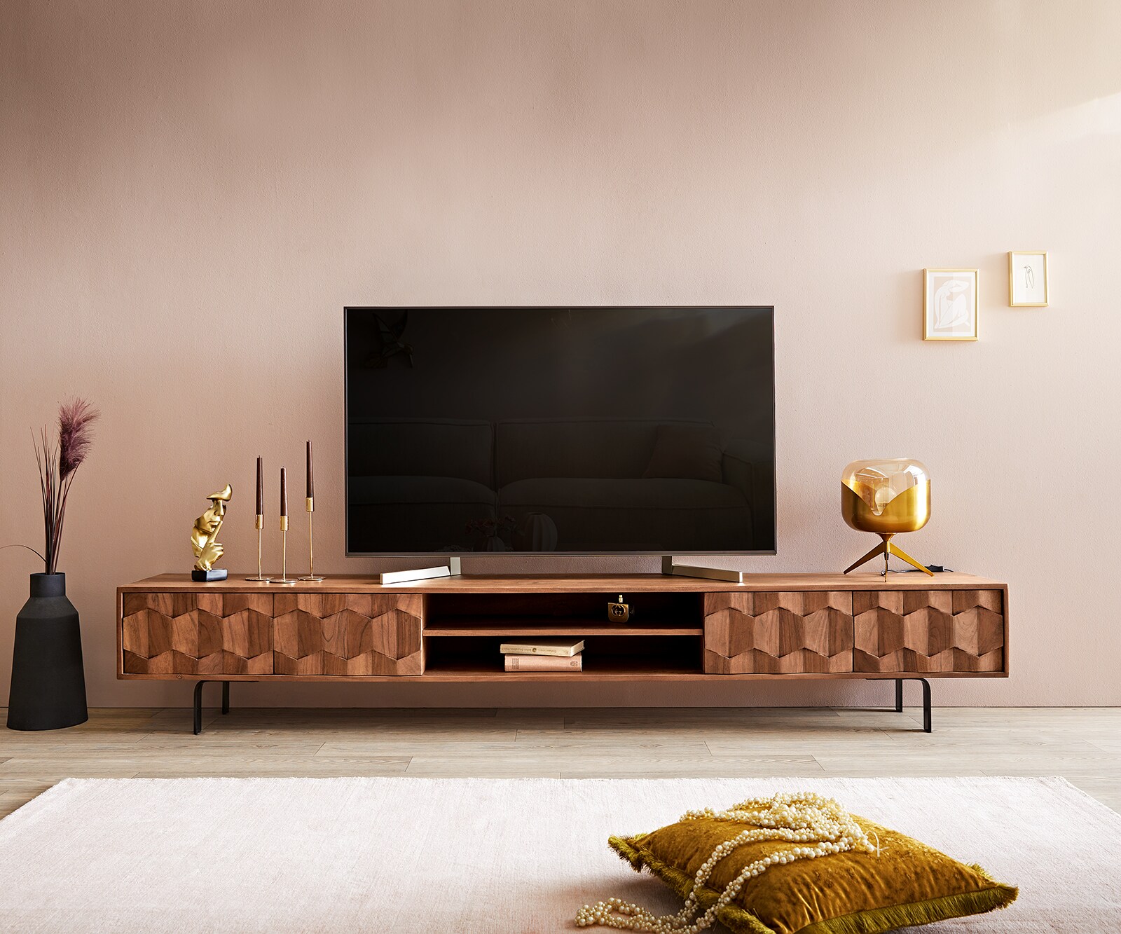 Lowboard Fevo 240 cm Akazie Braun 4 Türen L-Fuß 1