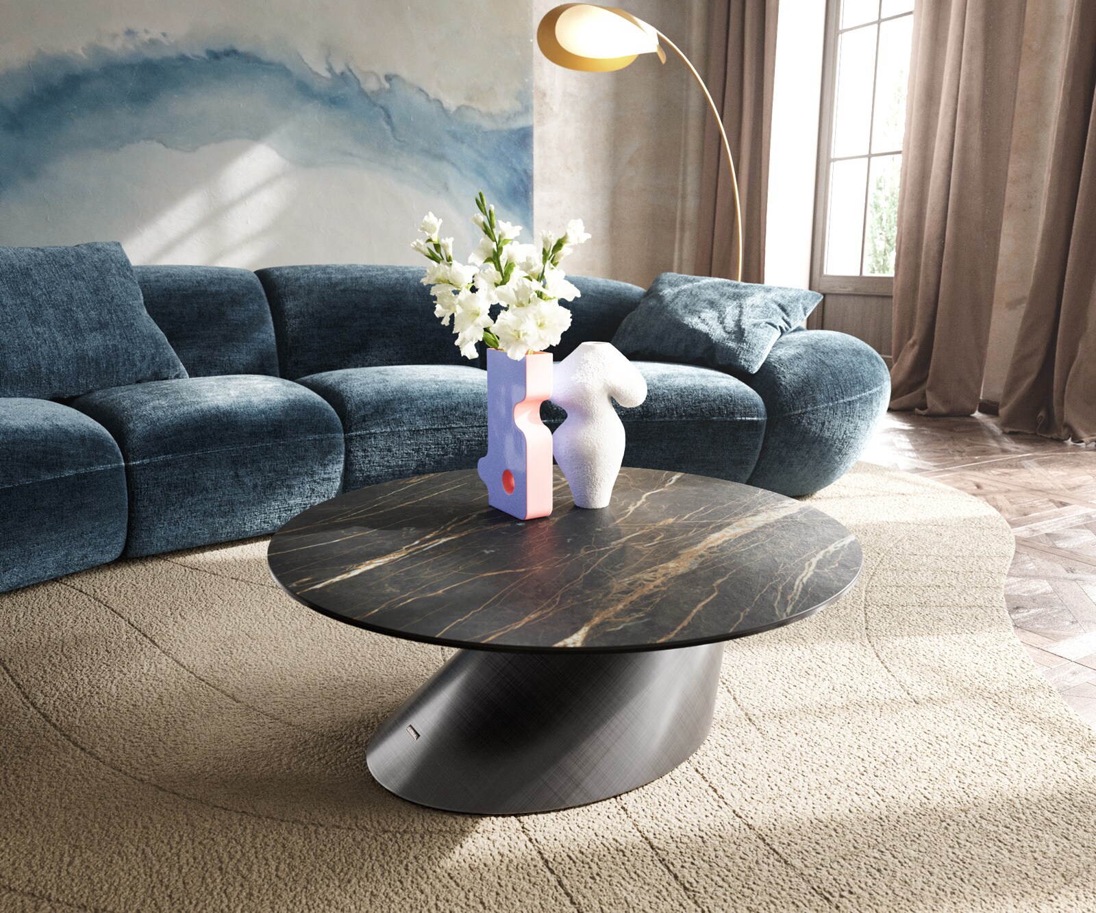 Couchtisch Edge Rund 90x90 cm Keramik Laminam® Noir Desir Braun Conis Metallic Silber 1