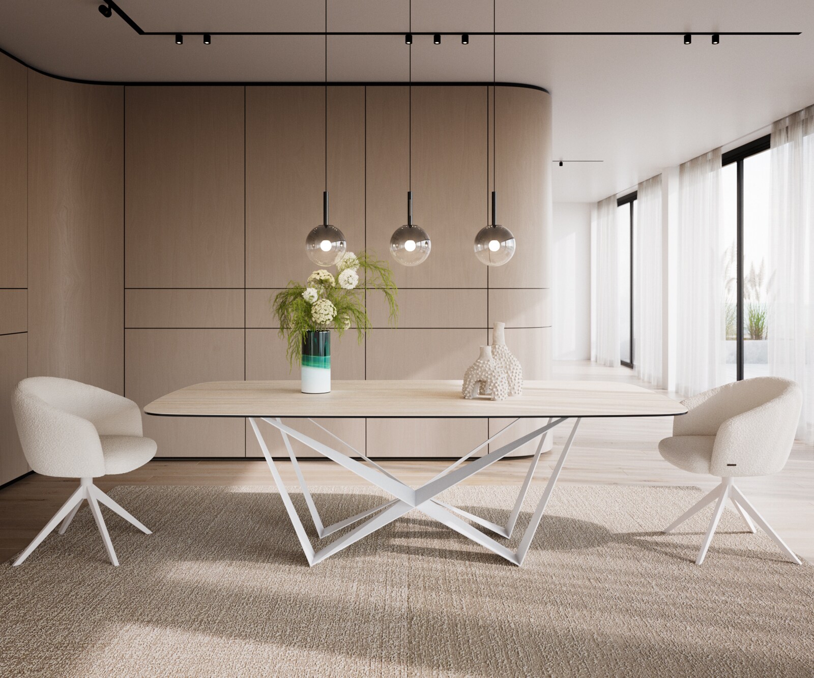 Esstisch Edge Boot 240x120 cm Keramik Travertin Natur Spider Metall Weiß 2