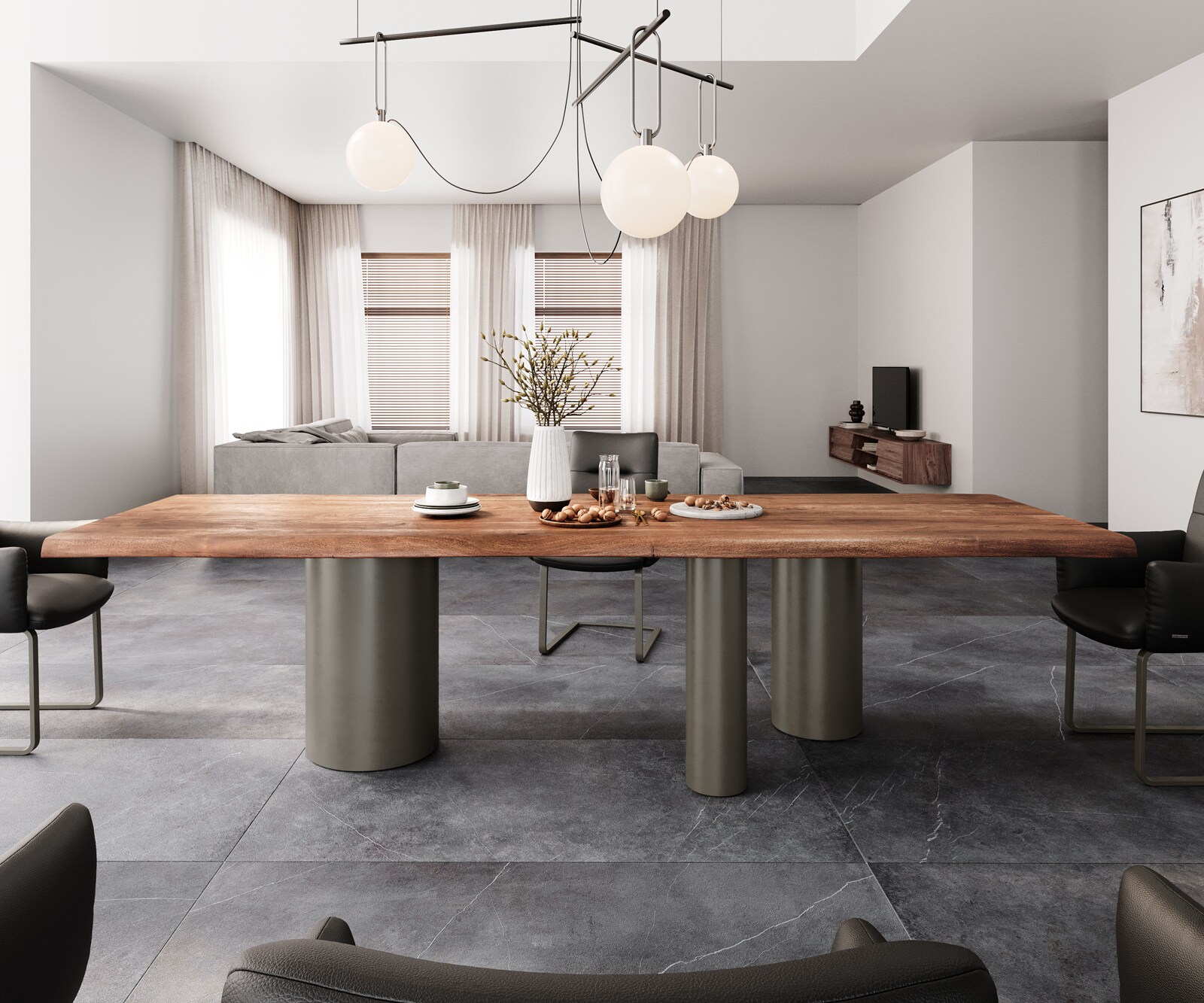 Esstisch Edge 300x100 XL Akazie Braun Troa Metall Effektfinish Titan Live-Edge 1