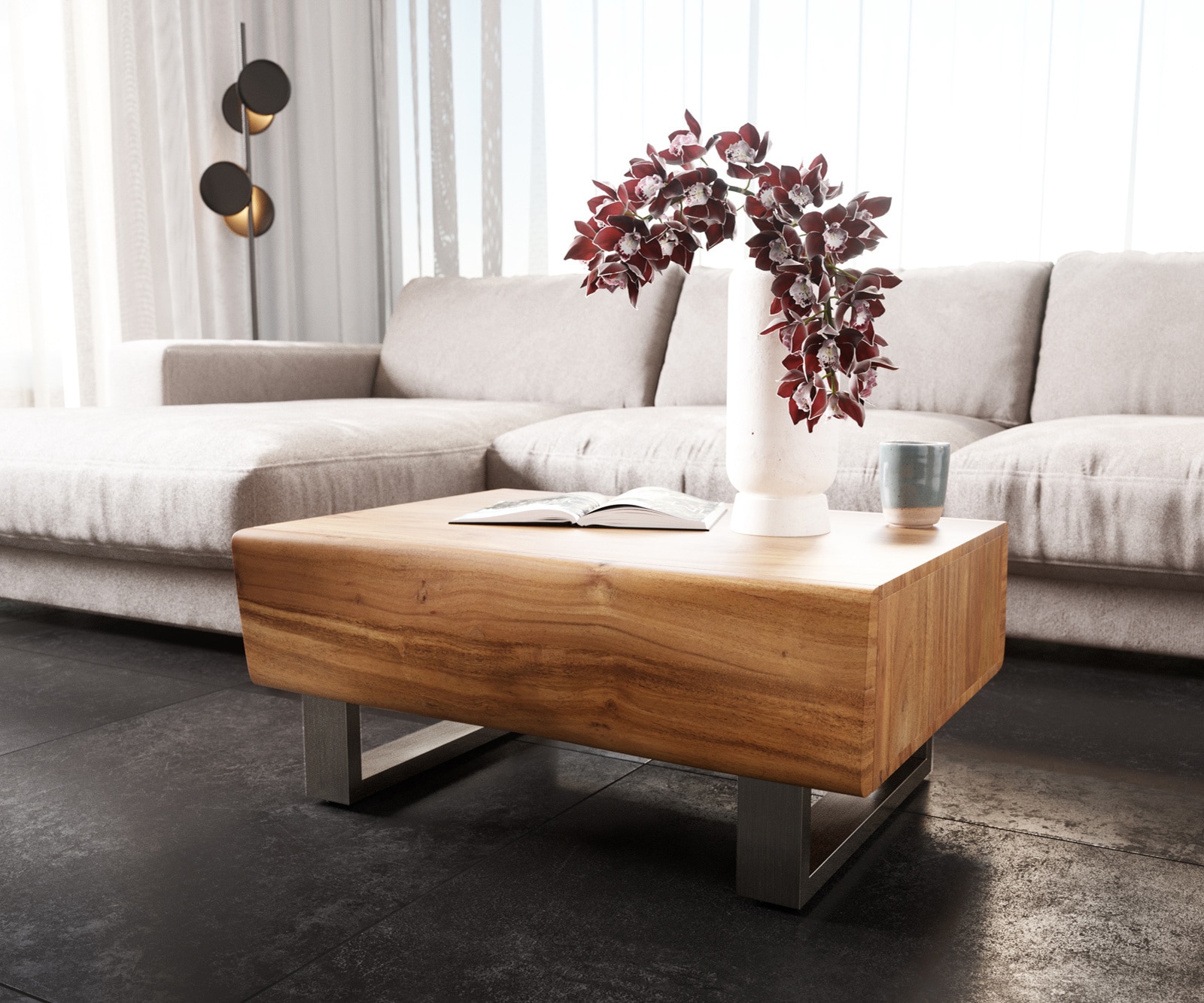 Couchtisch New Live-Edge 80x60 cm Akazie Natur 2 Schubladen Kufe Edelstahl gebürstet 3 Couchtisch New Live-Edge 80x60 cm Akazie Natur 2 Schubladen Kufe Edelstahl gebürstet 3