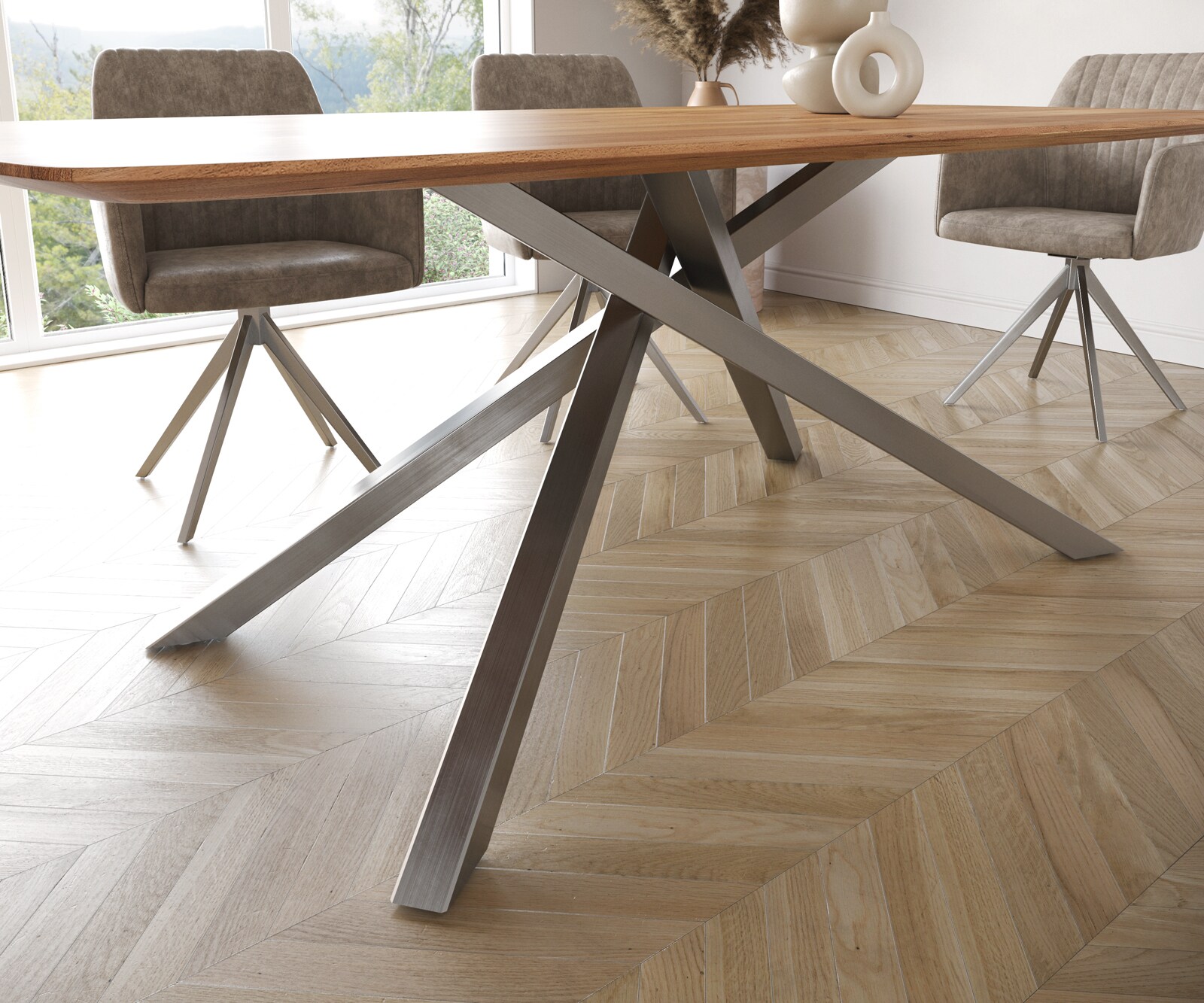 Esstisch Edge Boot 200x100 Akazie Natur Kreuzgestell Rechteck Edelstahl Schweizer Kante 6