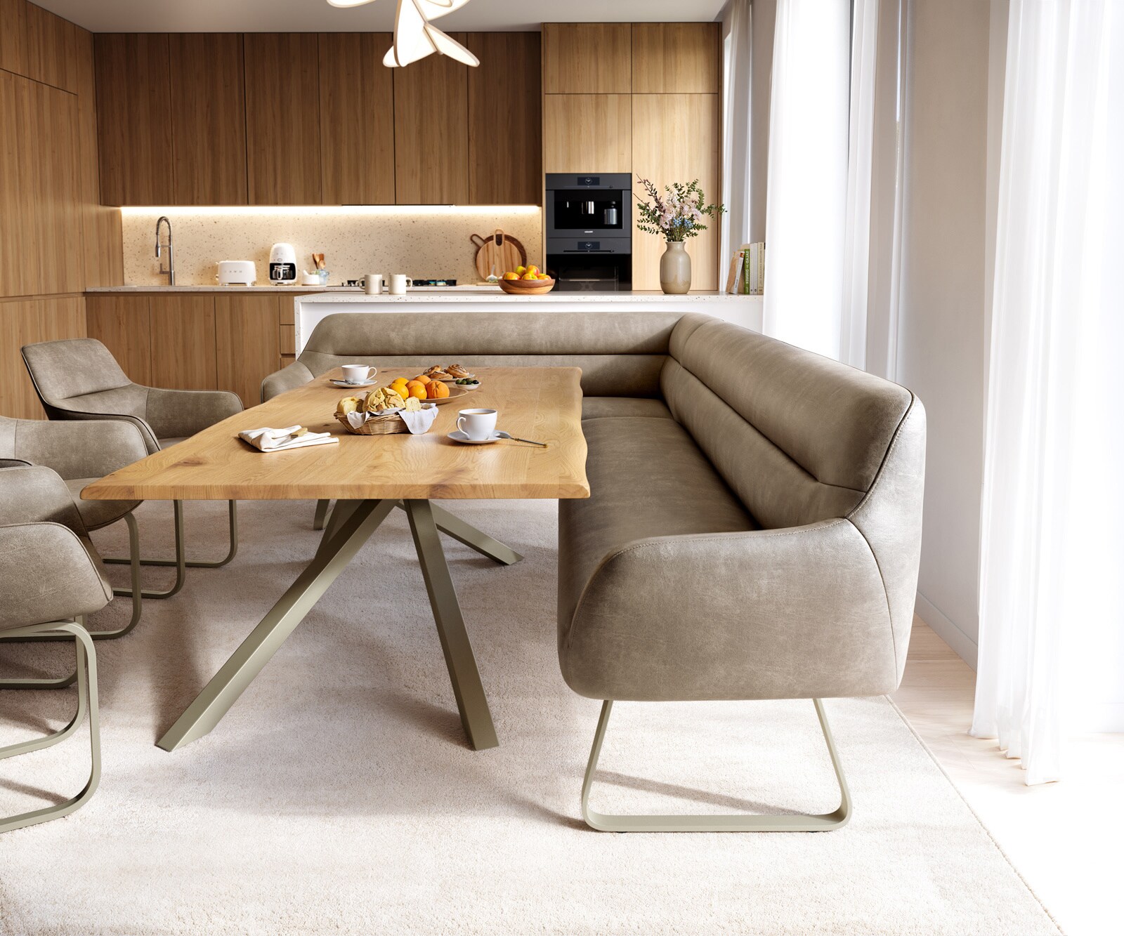 Esszimmerbank Taya-Flex 285x190 cm Mikrofaser Beige Vintage Kufengestell flach Effektfinish Titan Taschenfederkern Rechts 1