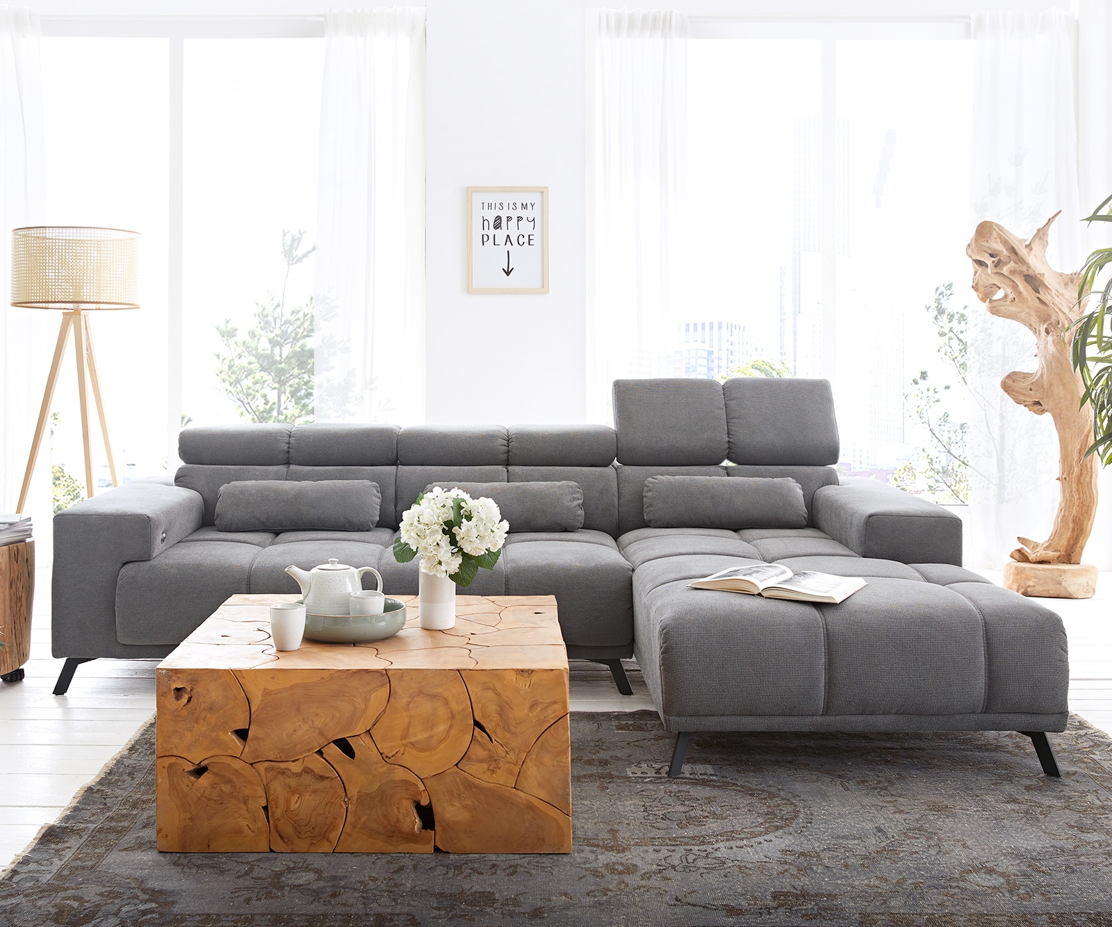 Ecksofa Ordino 285x200 Mikrofaser Grau Ottomane rechts elektrische Sitztiefenverstellung 2