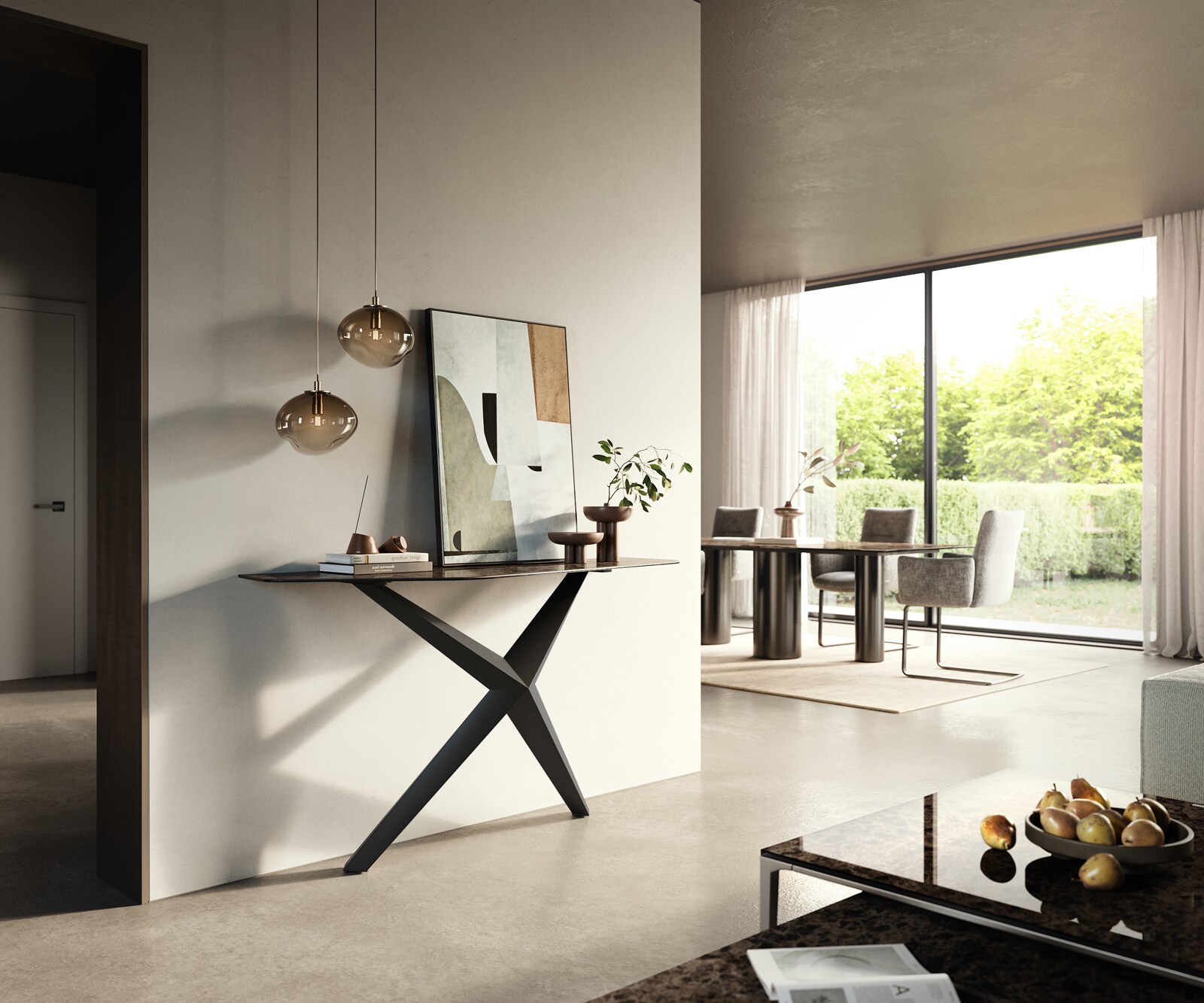 Konsolentisch Edge Polygonal 140x50 cm Keramik Emperador Extra Lucidato Dunkelbraun Zentharo Metall Schwarz 6