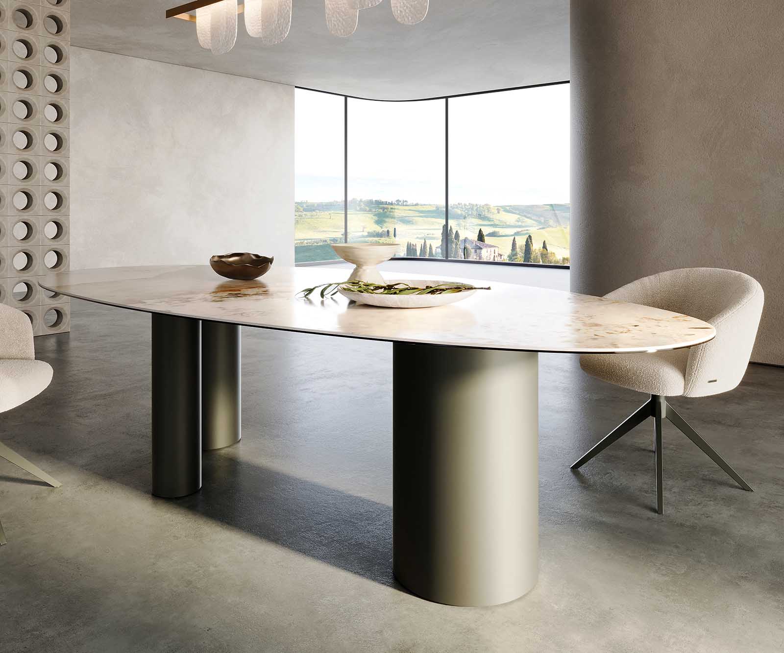 Esstisch Edge Oval 280x130 Keramik Minas Melange Weiß-Beige Troa Metall Effektfinish Titan 5