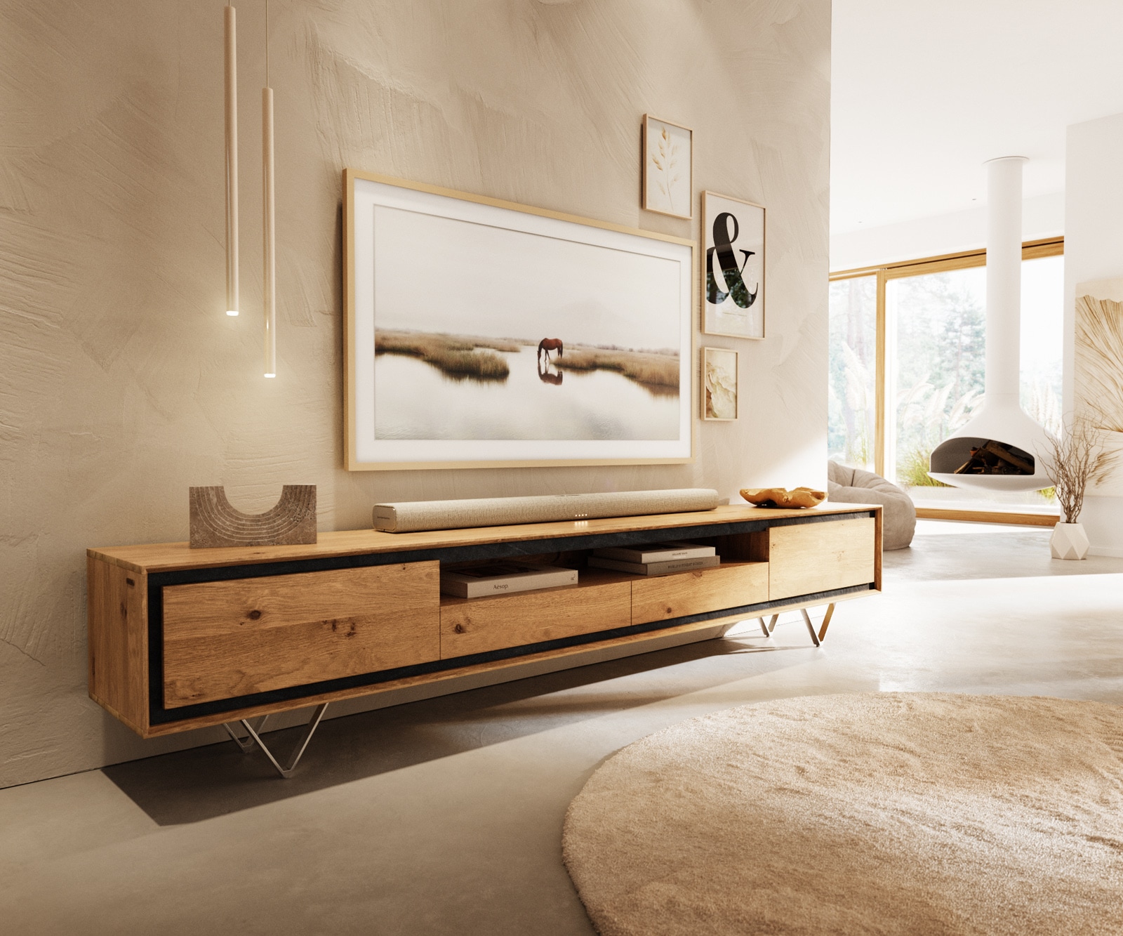 Lowboard Stonegrace 240 cm Eiche Natur 2 Türen 1 Fach 2 Schubladen Steinfurnier V-Fuß Edelstahl Lowboard Stonegrace 240 cm Eiche Natur 2 Türen 1 Fach 2 Schubladen Steinfurnier V-Fuß Edelstahl