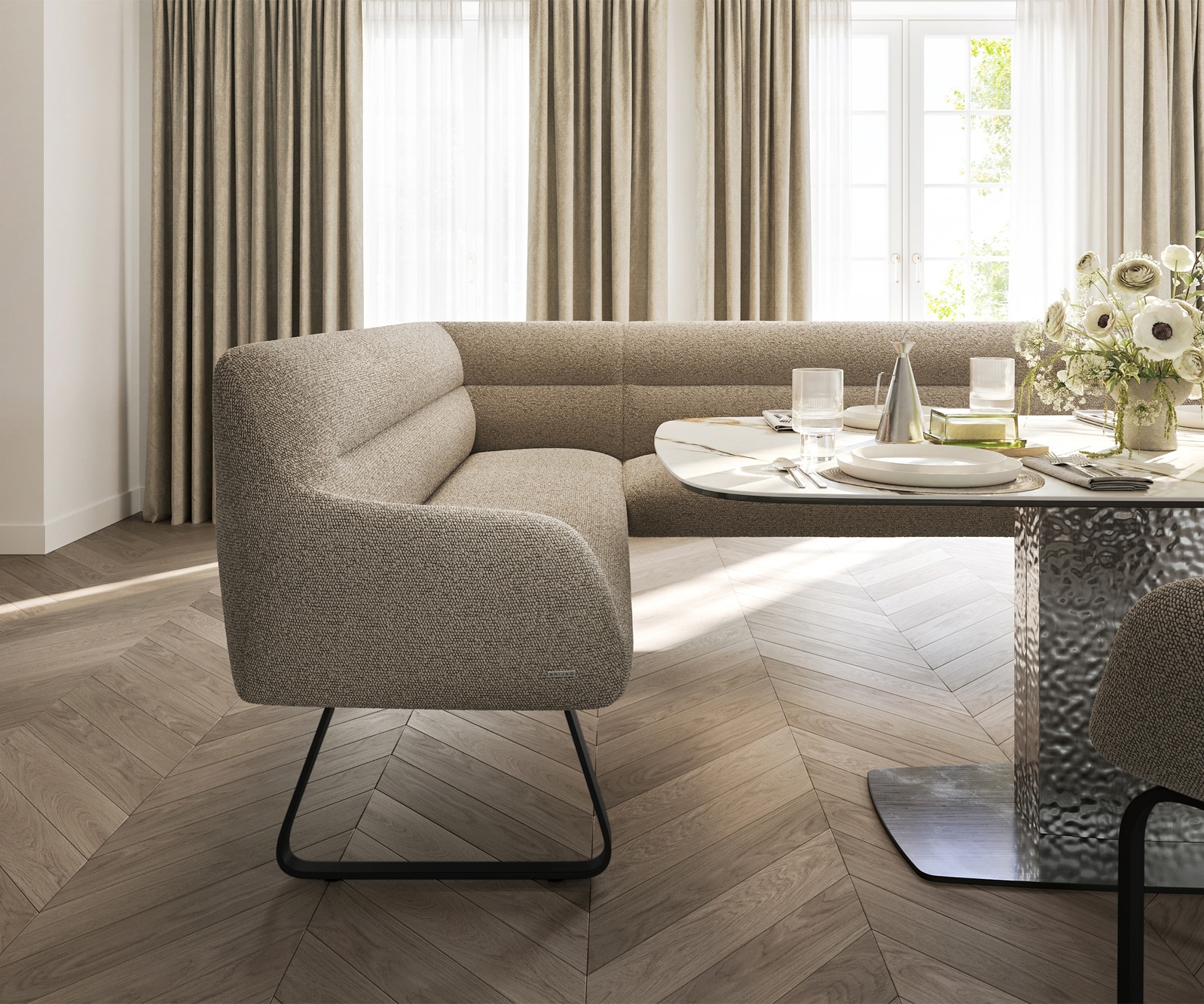 Esszimmerbank Taya-Flex 285x190 cm Bouclé Schlamm Kufengestell flach Schwarz Taschenfederkern Rechts 4