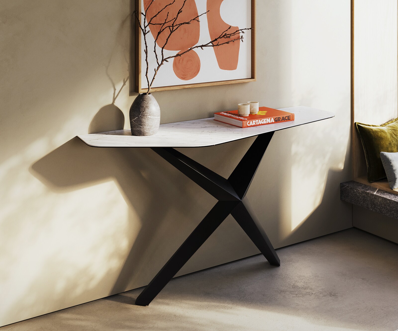 Konsolentisch Edge Polygonal 140x50 cm Keramik Laminam® Statuarietto Weiß Zentharo Metall Schwarz 4