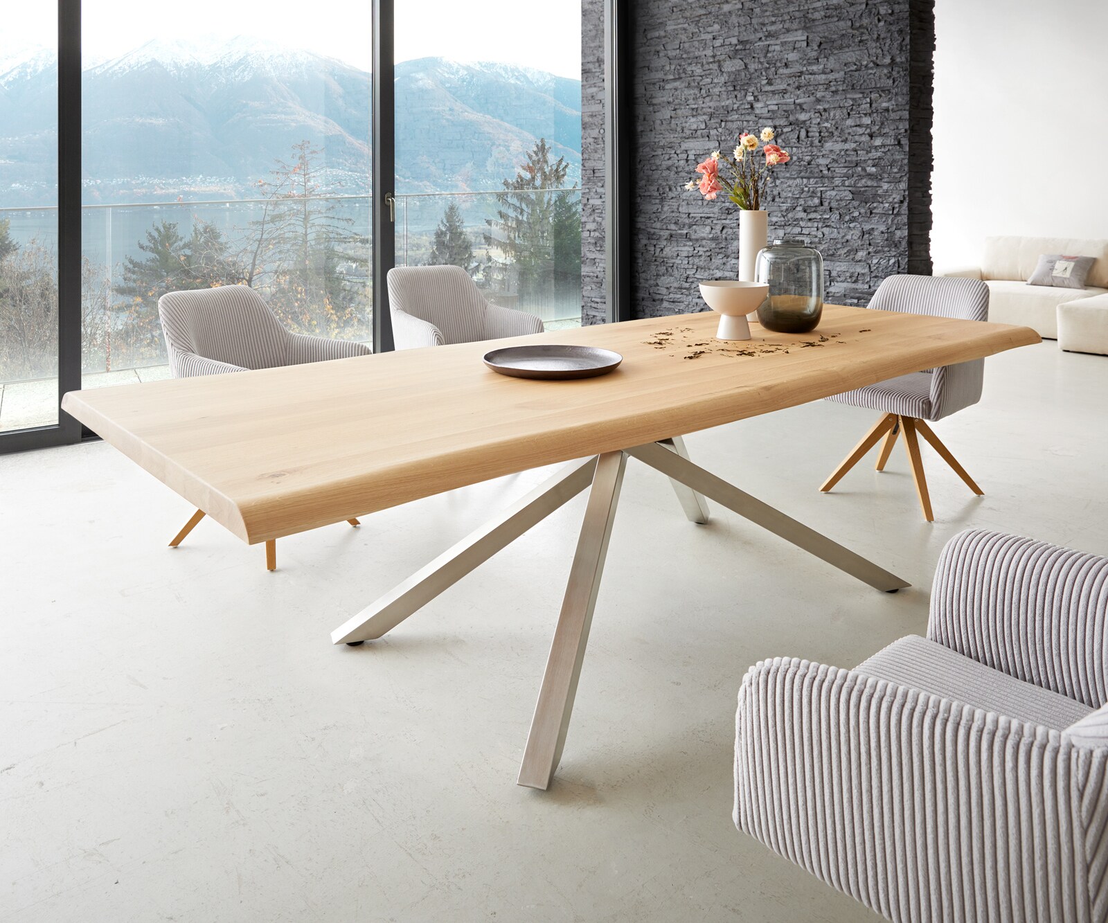 DELIFE Esstisch Edge 260x100 Eiche Natur Kreuzgestell Rechteck Edelstahl Live-Edge