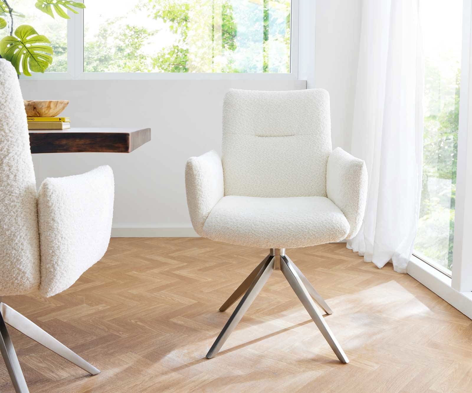 Drehstuhl Jova-Flex mit Armlehnen Bouclé Weiß Kreuzgestell breit Edelstahl 360° drehbar Taschenfederkern 1 Drehstuhl Jova-Flex mit Armlehnen Bouclé Weiß Kreuzgestell breit Edelstahl 360° drehbar Taschenfederkern 1