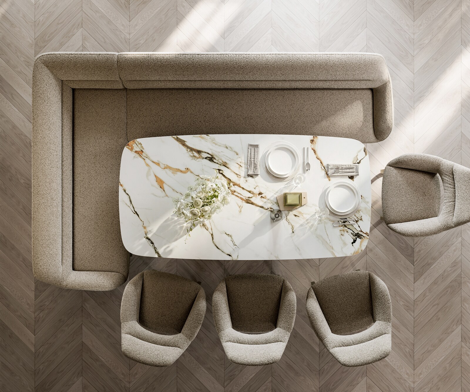 Esszimmerbank Taya-Flex 285x190 cm Bouclé Schlamm Kufengestell flach Effektfinish Titan Taschenfederkern Rechts 6