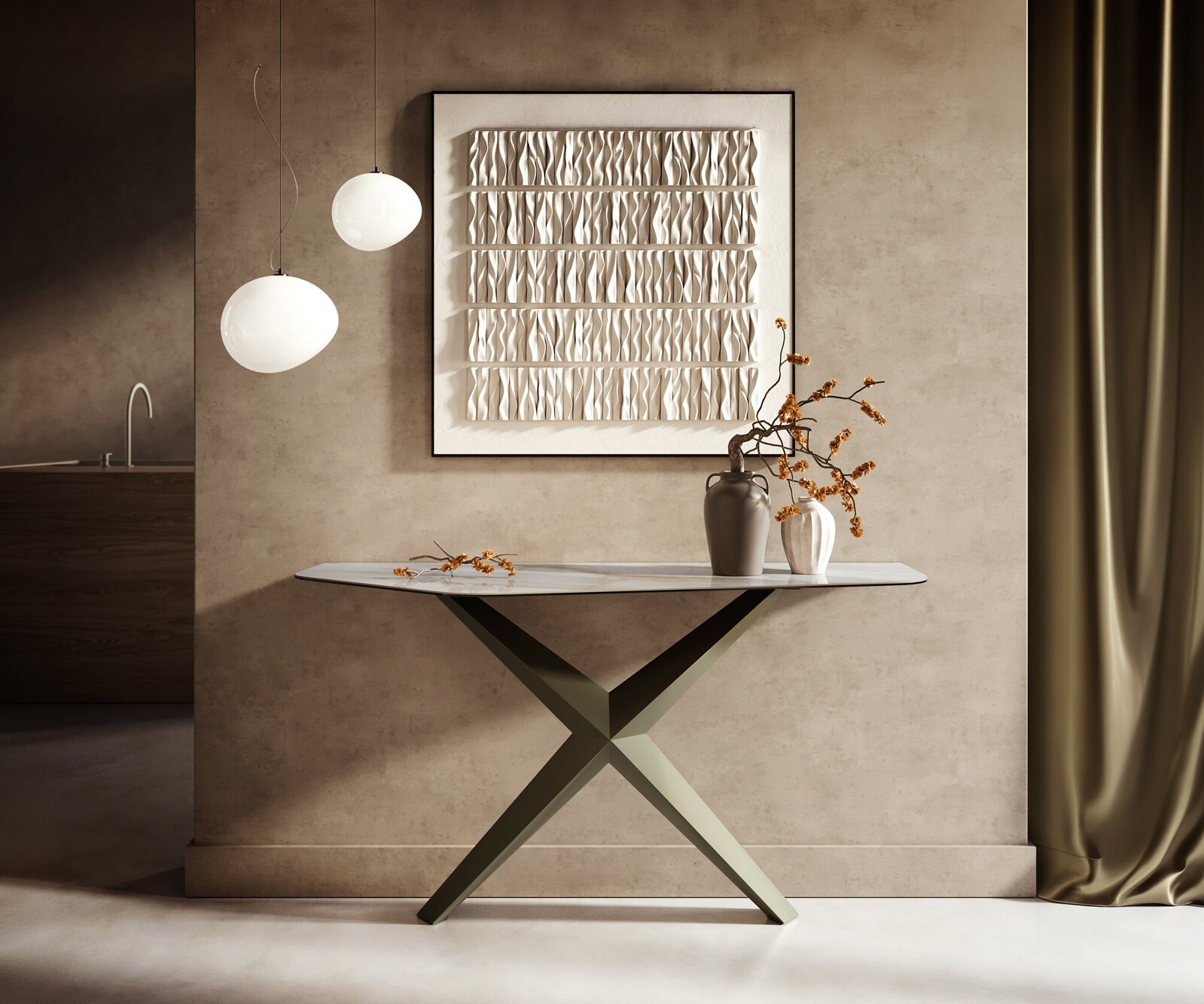 DELIFE Konsolentisch Edge Polygonal 140x50 cm Keramik Onyx Pearl Zentharo Metall Effektfinish Titan, Konsolentische - Grau-Beige B140 x T50 x H79 cm