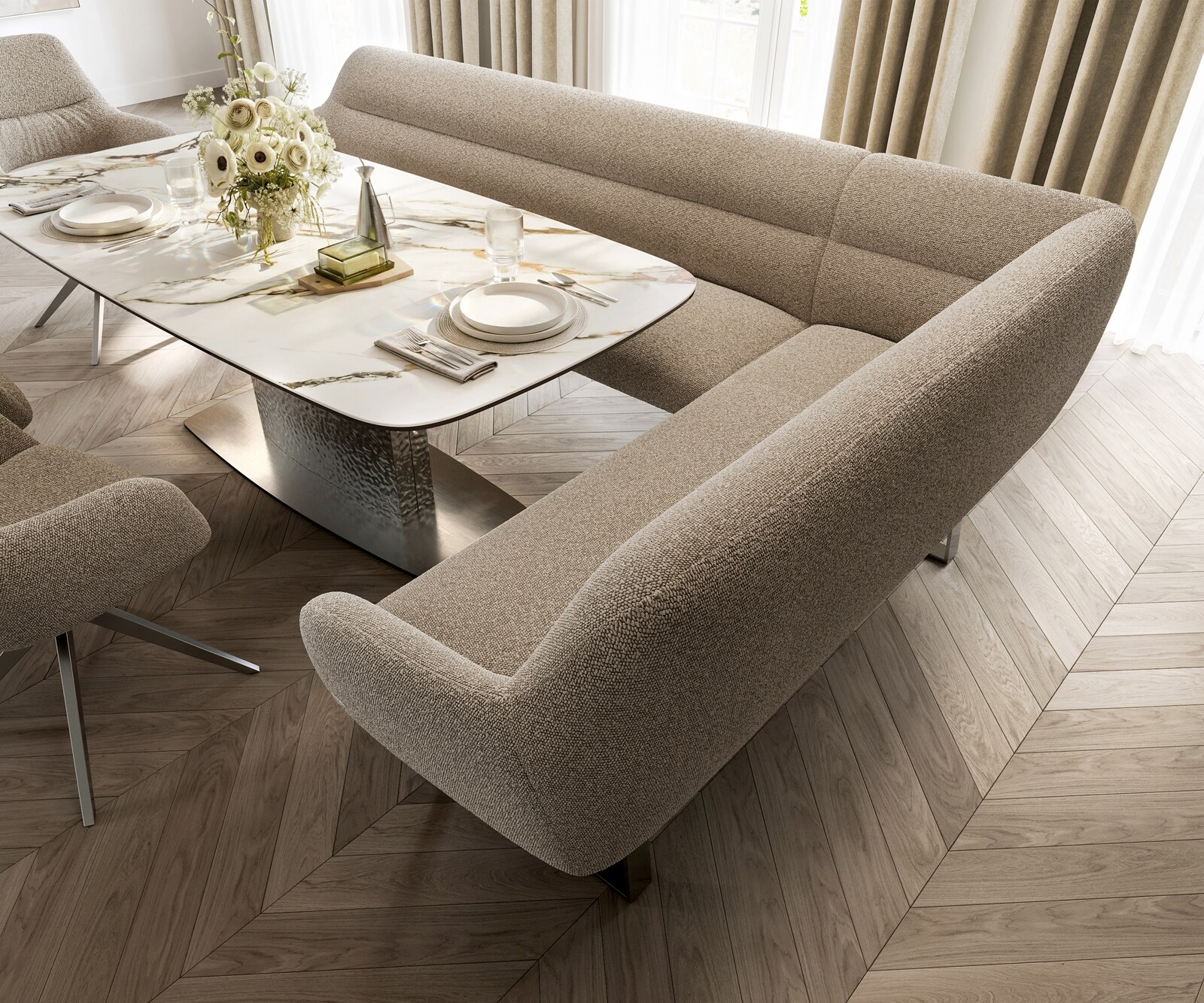 Esszimmerbank Taya-Flex 285x190 cm Bouclé Schlamm Kufengestell kantig Edelstahl Taschenfederkern Links 3