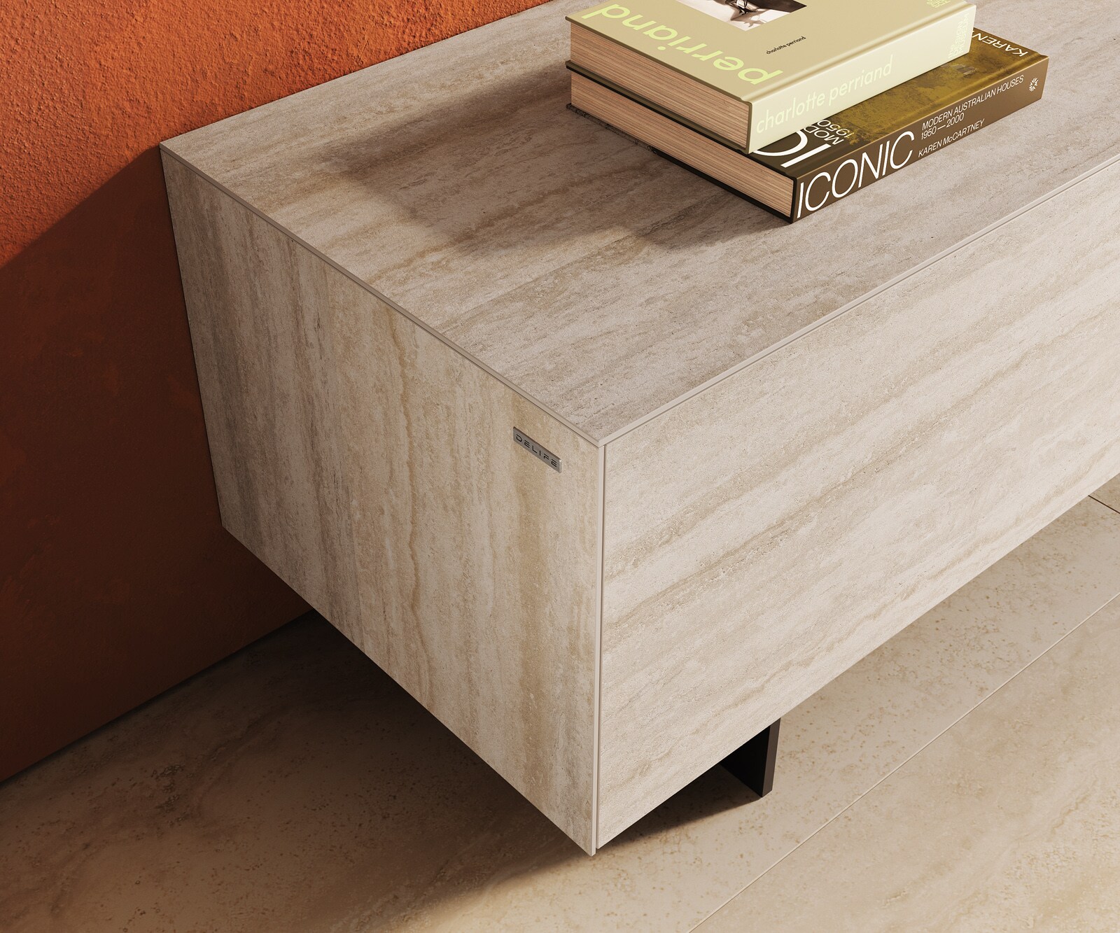Lowboard Cuor 220 cm Keramik Laminam® Travertino Bianco Creme-Weiß 1 Klappe 2 Schubfächer Fuß Schwebeoptik Metall Schwarz 6