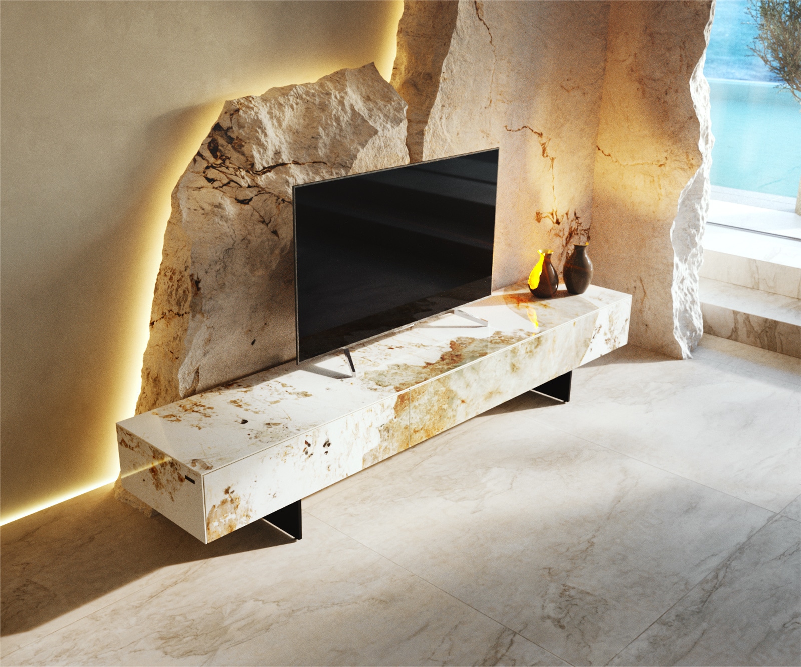 TV-Board Cuor Keramik Minas Melange Weiß-Beige 200 cm 1 Klappe 1 Schubfach Fuß Schwebeoptik Metall Schwarz Lowboard