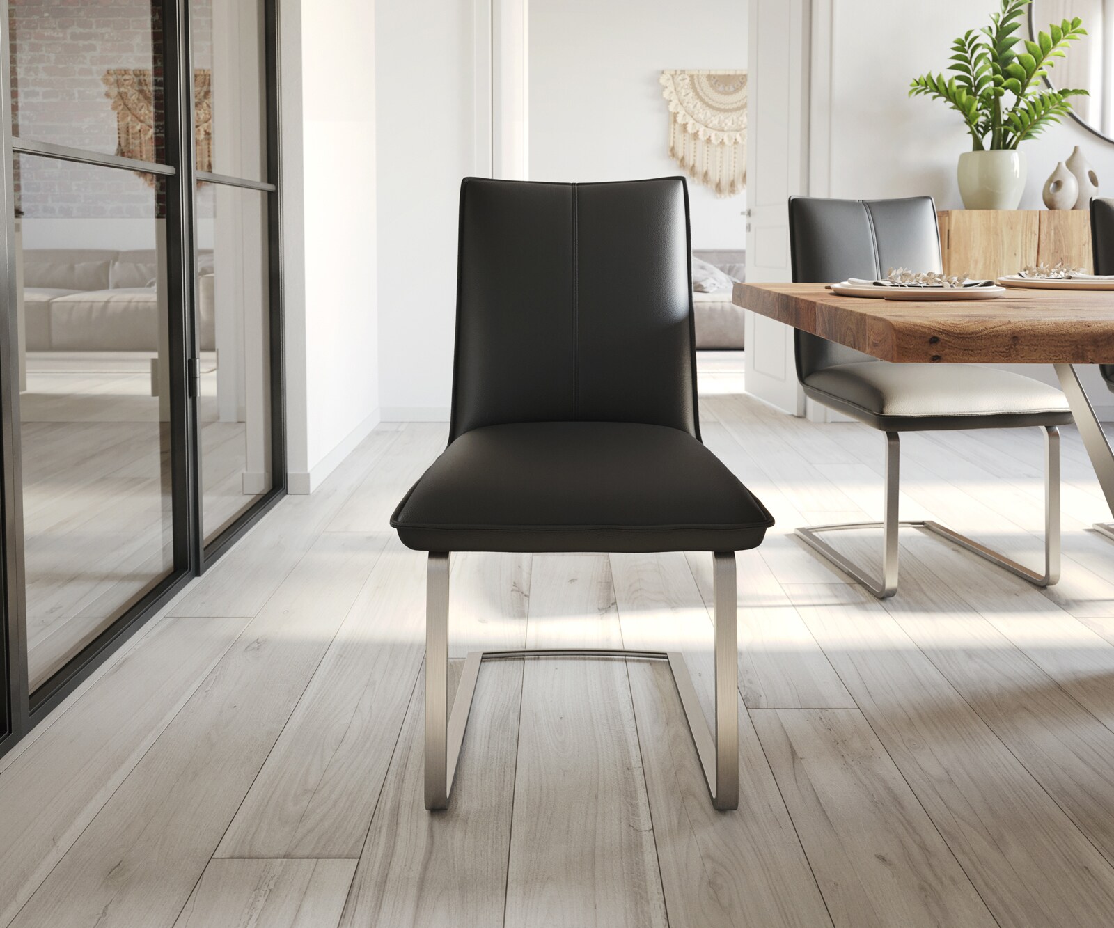 Freischwinger Lelio-Flex Echt-Leder Schwarz Freischwinger flach Edelstahl Taschenfederkern 1