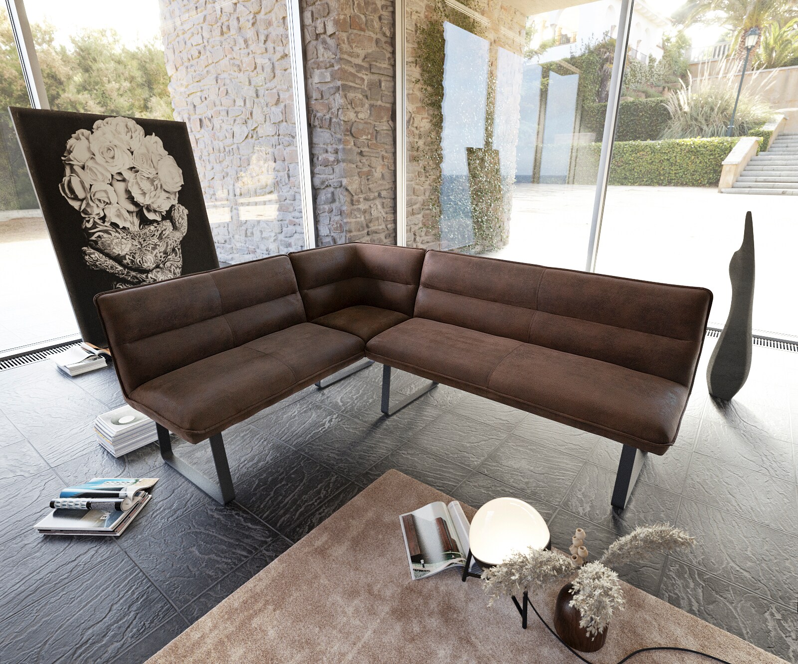 Eckbank Salvo 200x160 cm Braun Vintage Metall Schwarz Variabel 1