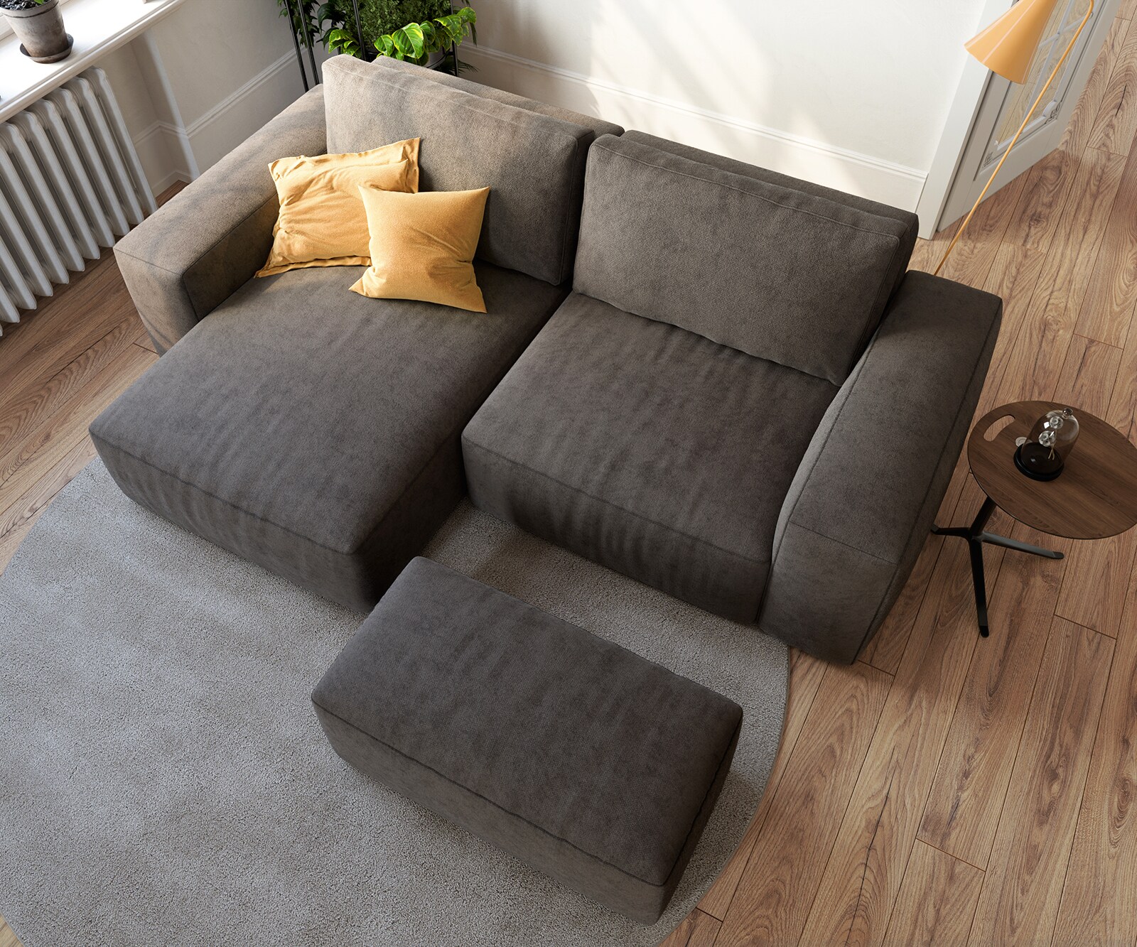 Ecksofa Lanzo 230x155 cm Mikrofaser Khakibraun Recamiere variabel mit Hocker 5