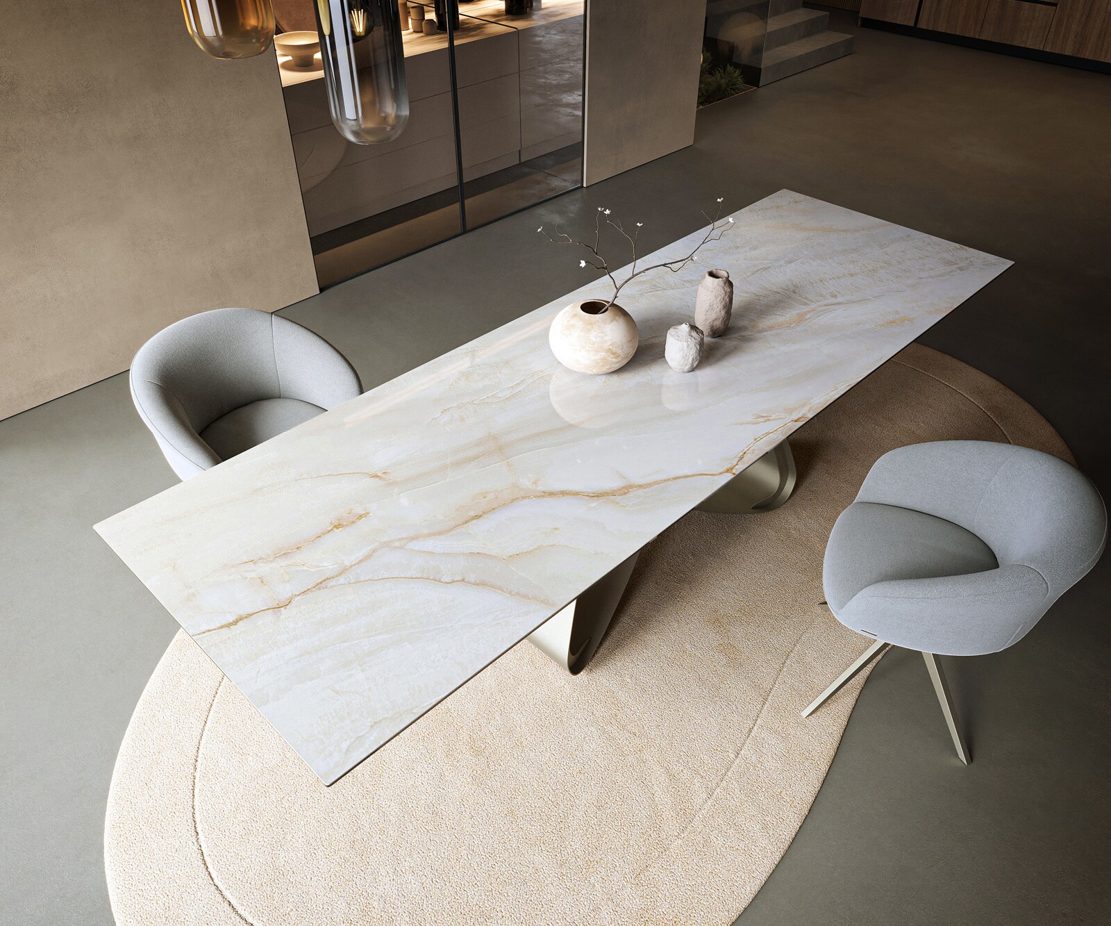 Esstisch Edge 300x100 cm Keramik Onyx Pearl W-Gestell Metall Effektfinish Titan 3