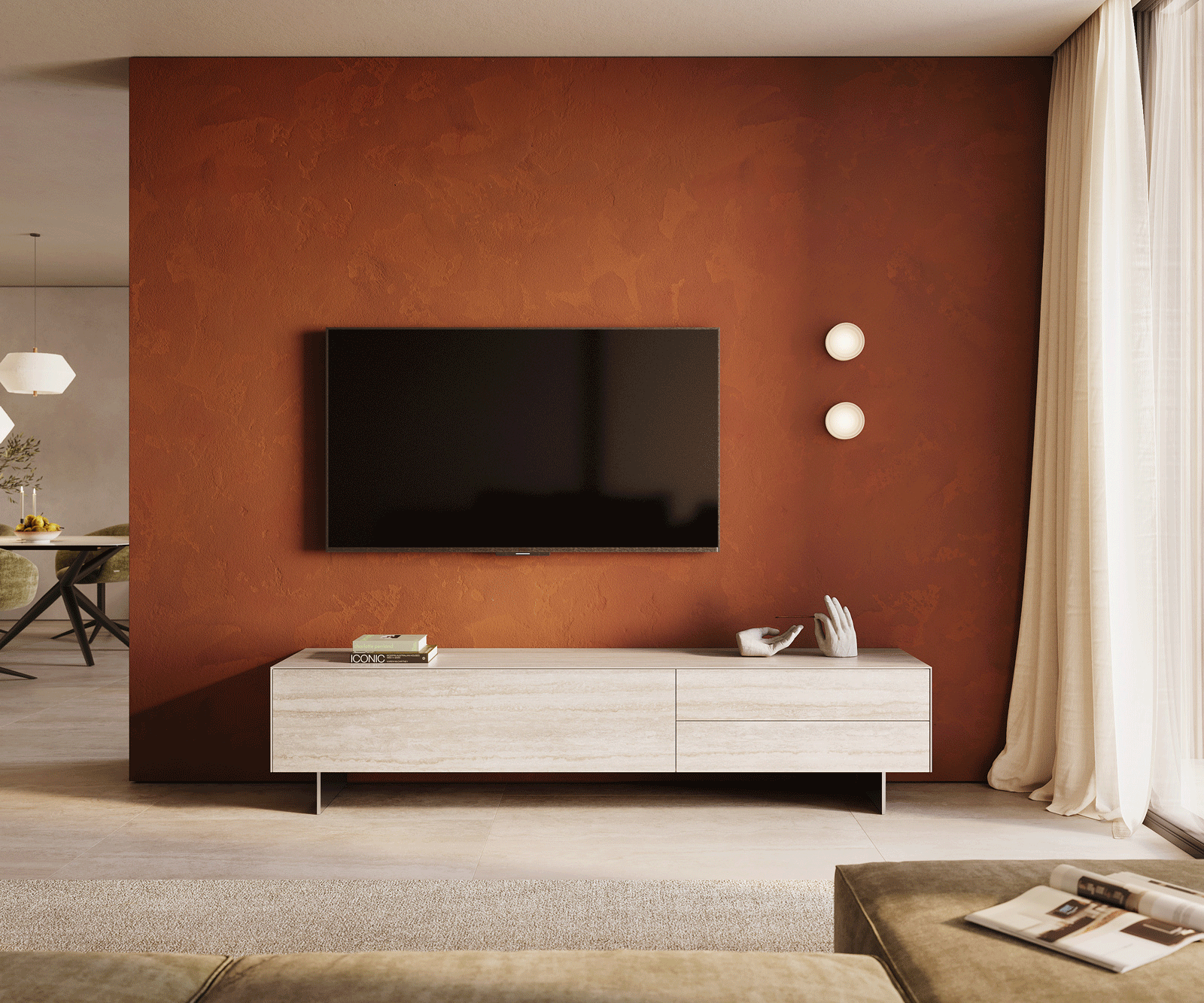 Lowboard Cuor 220 cm Keramik Laminam® Travertino Bianco Creme-Weiß 1 Klappe 2 Schubfächer Fuß Schwebeoptik Edelstahl 1