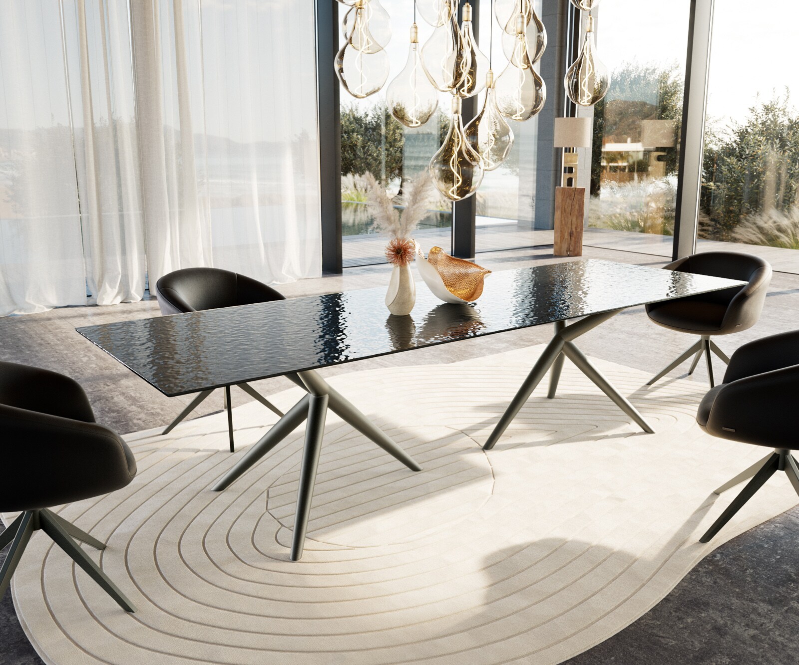 Esstisch Edge 300x100 Reliefglas Rauchschwarz 3D-Design Estelar rund Metall Effektfinish Titan 1