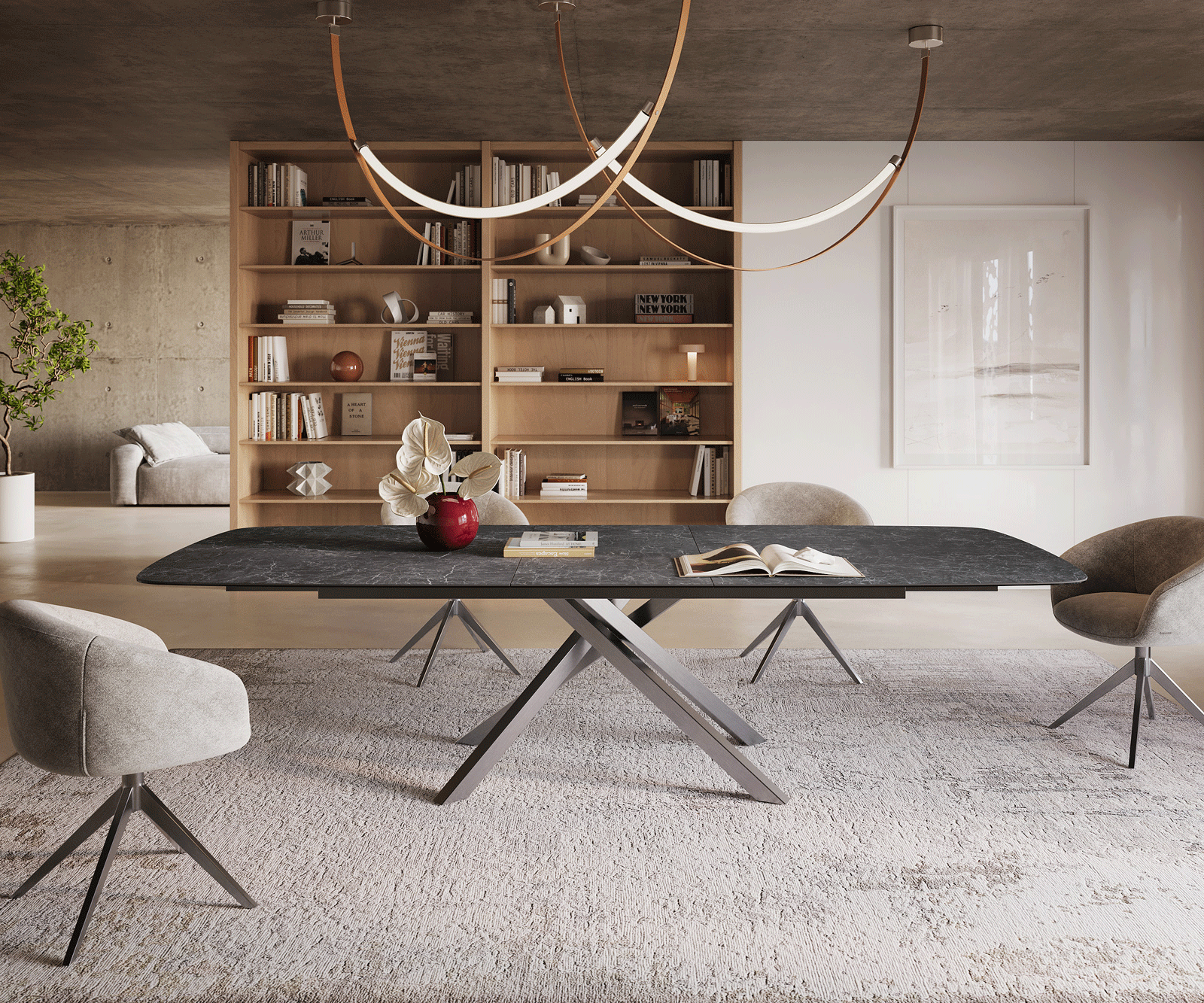 Esstisch Edge Boot 240-300x120 cm Keramik Laminam® Nero Greco Anthrazit Kreuzgestell Rechteck Edelstahl ausziehbar 2