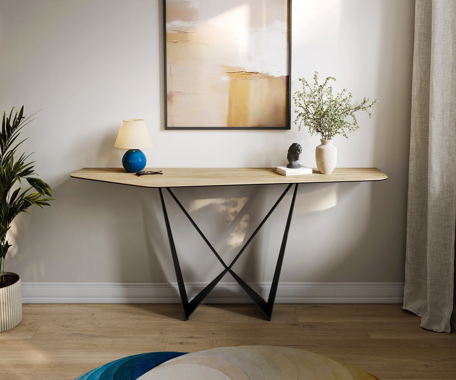 Konsolentisch Edge Polygonal 180x50 cm Keramik Laminam® Sabbia Eichefarbig Spios Metall Schwarz 3