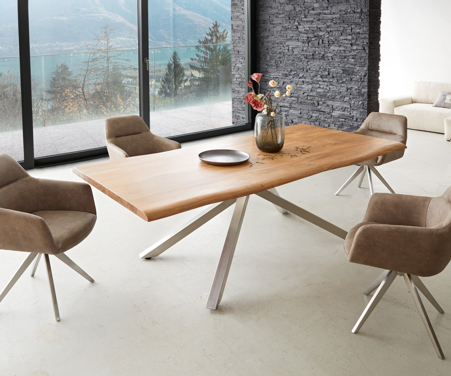 Esstisch Edge 240x100 Akazie Natur Kreuzgestell Rechteck Edelstahl Live-Edge 7