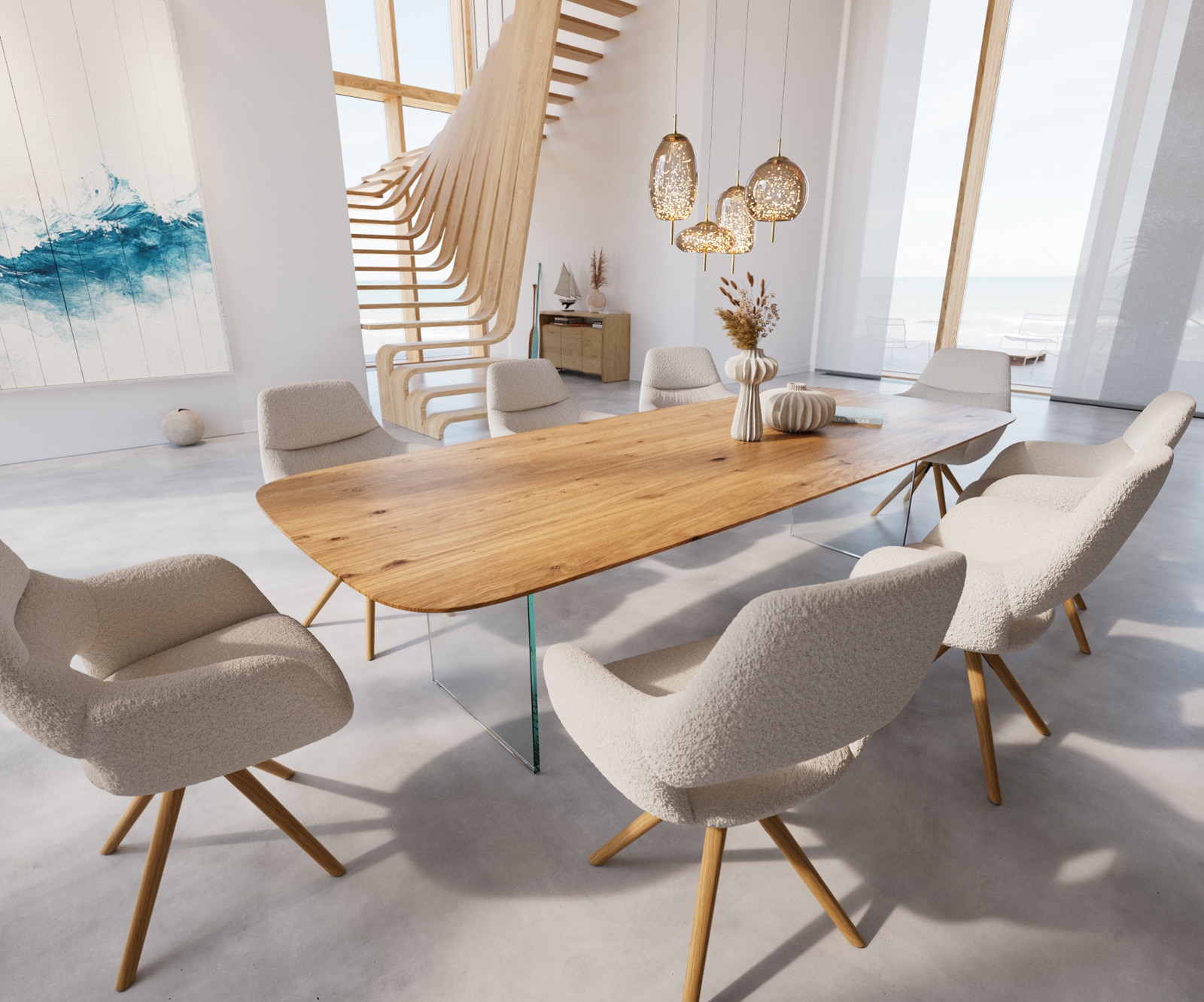 Esstisch Edge Boot 300x120x2,5-3 Eiche Natur Glas Schweizer Kante 6