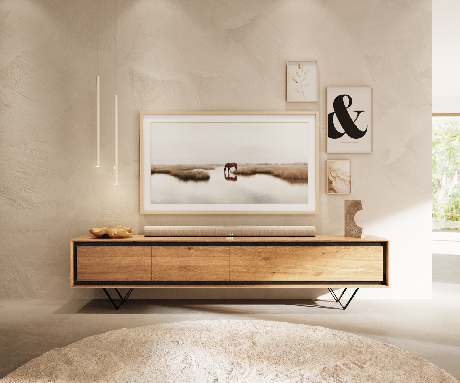 Lowboard Stonegrace 200 cm Eiche Natur 4 Türen Steinfurnier V-Fuß Metall Schwarz 1 Lowboard Stonegrace 200 cm Eiche Natur 4 Türen Steinfurnier V-Fuß Metall Schwarz 1