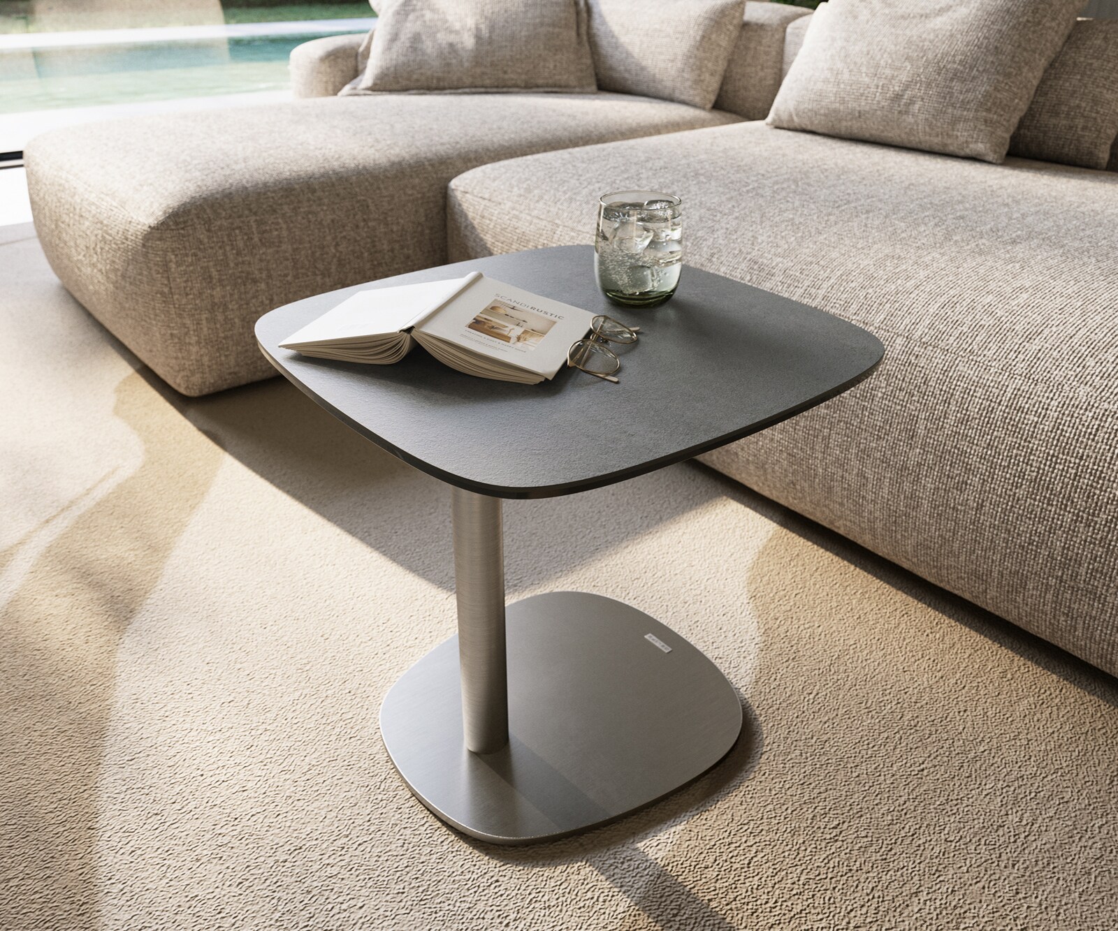 Beistelltisch Edge Boot 50x50 cm Keramik Beton Grau Eleny Edelstahl gebürstet 6