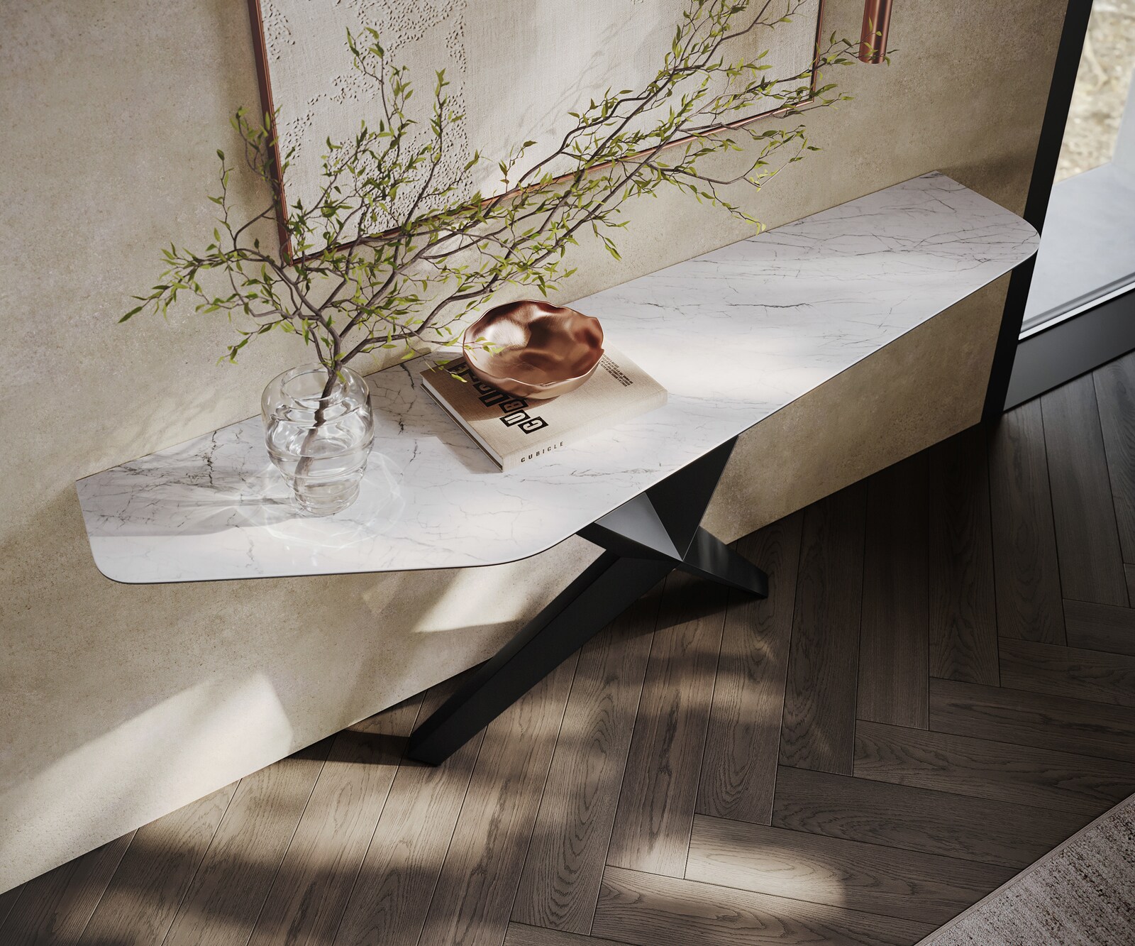 Konsolentisch Edge Polygonal 180x50 cm Keramik Laminam® Statuarietto Weiß Zentharo Metall Schwarz 1
