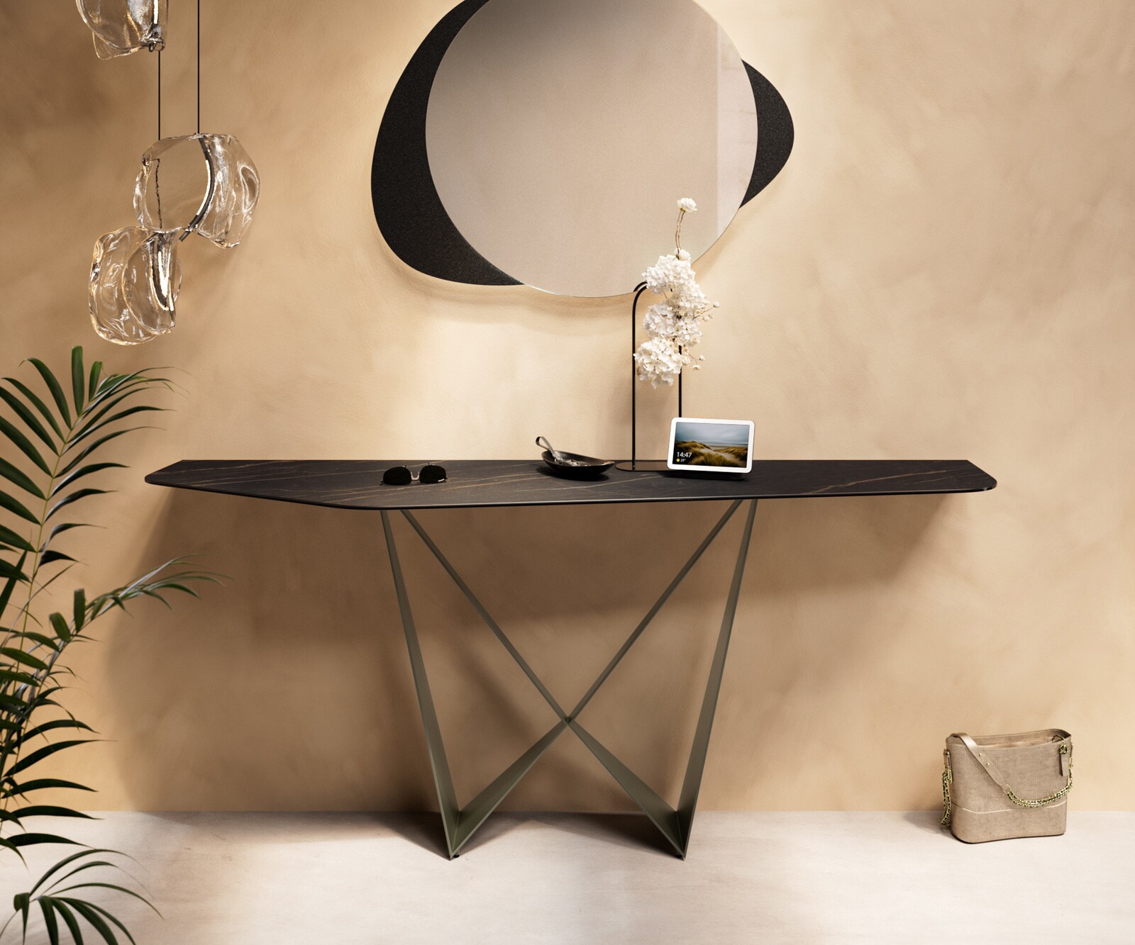 DELIFE Konsolentisch Edge Polygonal 180x50 cm Keramik Laminam Noir Desir Braun Spios Metall Effektfinish Titan, Konsolentische - B180 x T50 x H79 cm