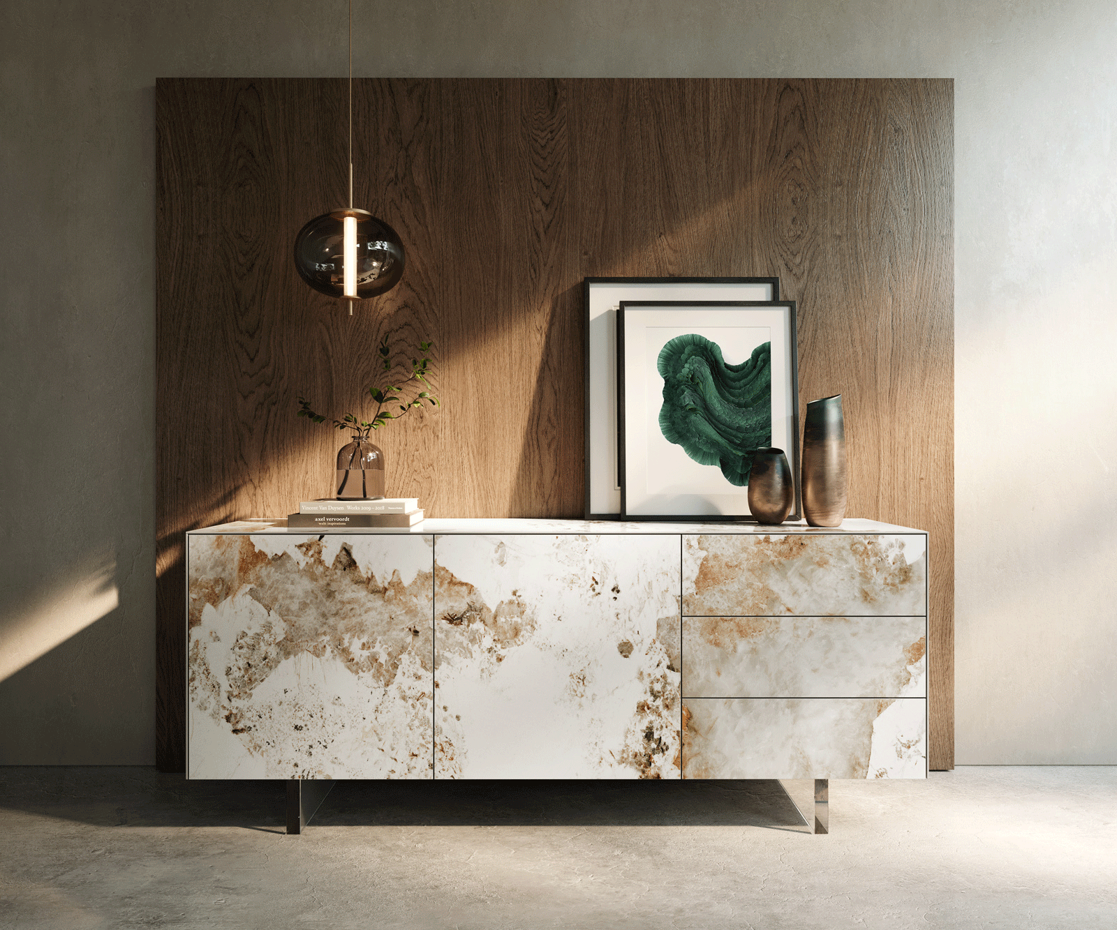 Sideboard Cuor 180 cm Keramik Minas Melange Weiß-Beige 2 Türen 3 Schubfächer Fuß Schwebeoptik Acrylglas 2