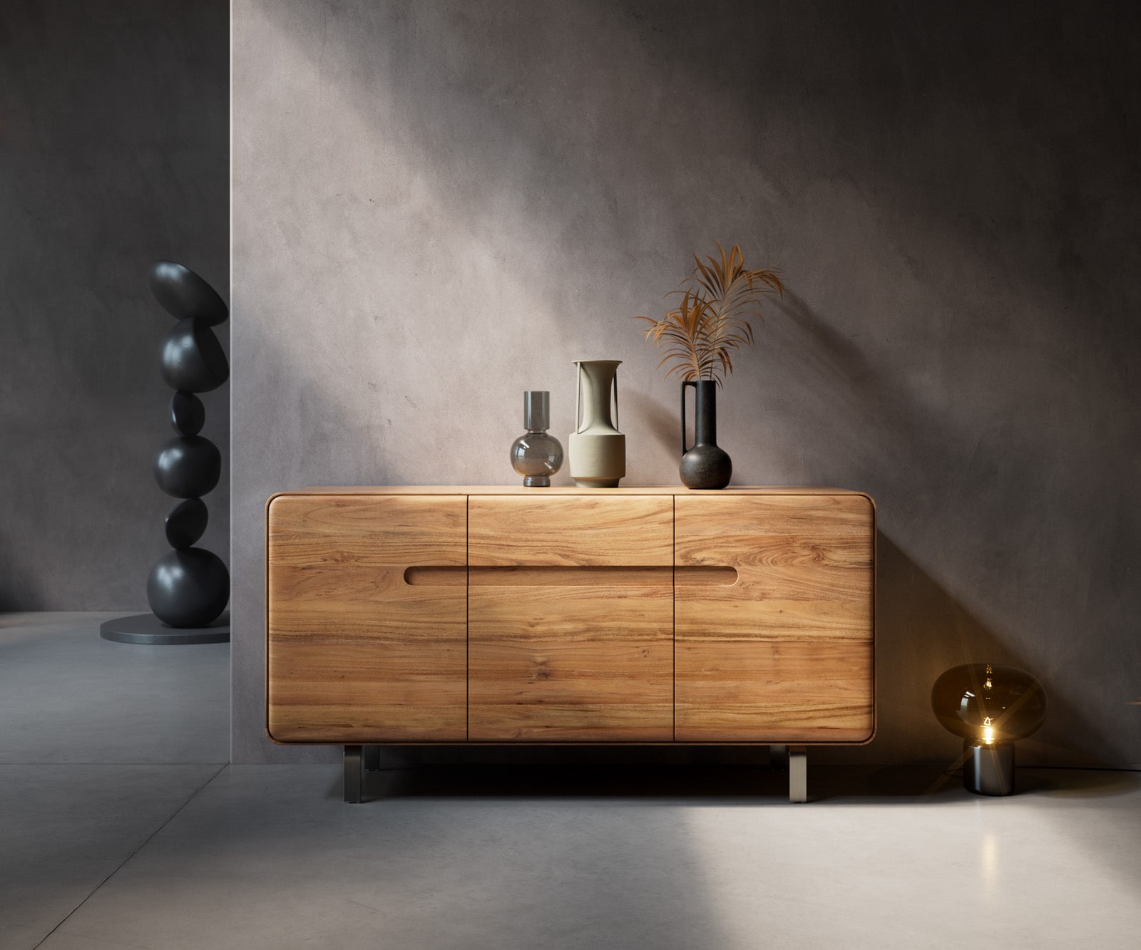 Sideboard Anaya 145 cm Akazie Natur 3 Türen L-Fuß Edelstahl Sideboard Anaya 145 cm Akazie Natur 3 Türen L-Fuß Edelstahl