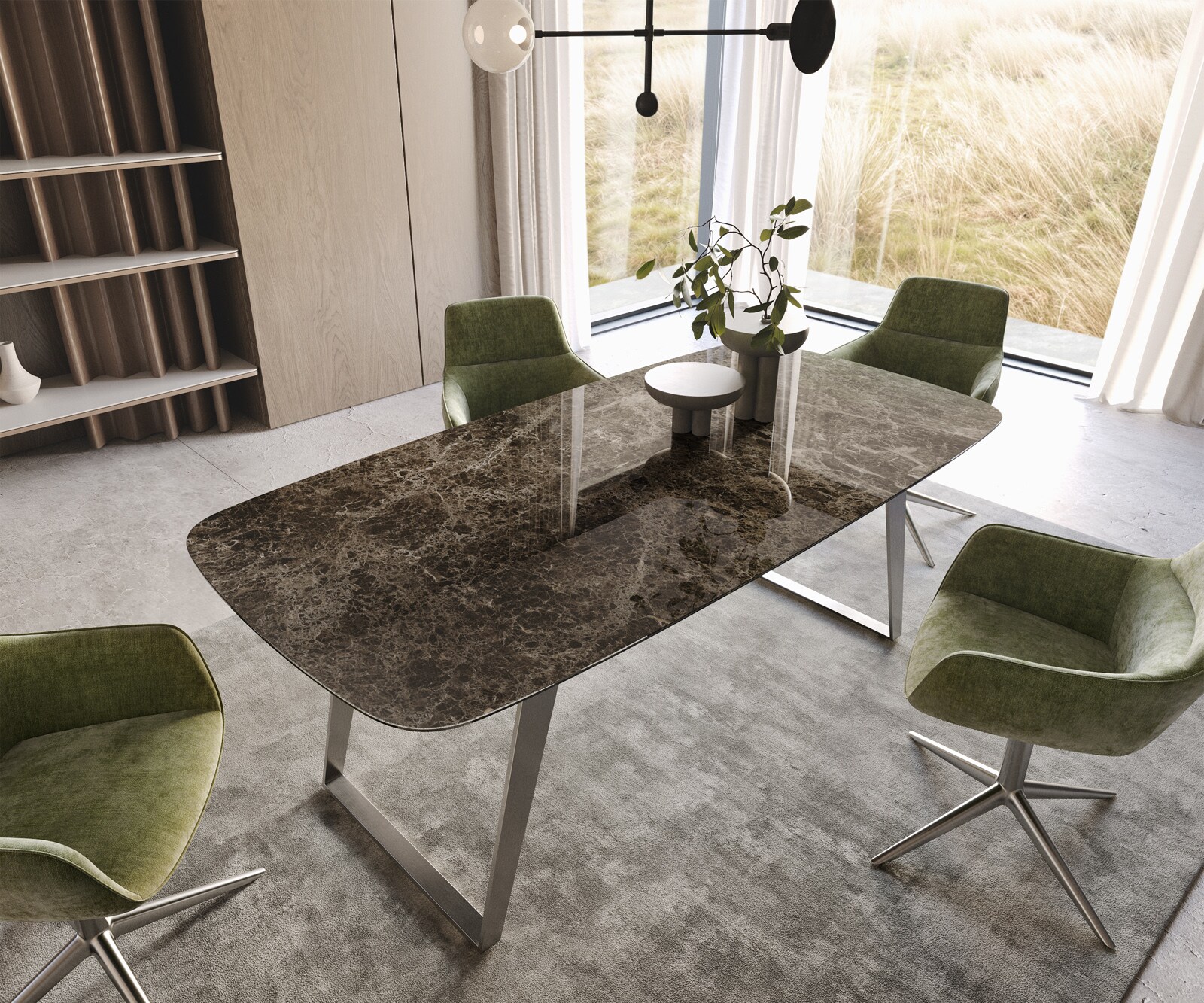 Esstisch Edge Boot 200x100 Keramik Emperador Extra Lucidato Dunkelbraun Edelstahl Schräg 1