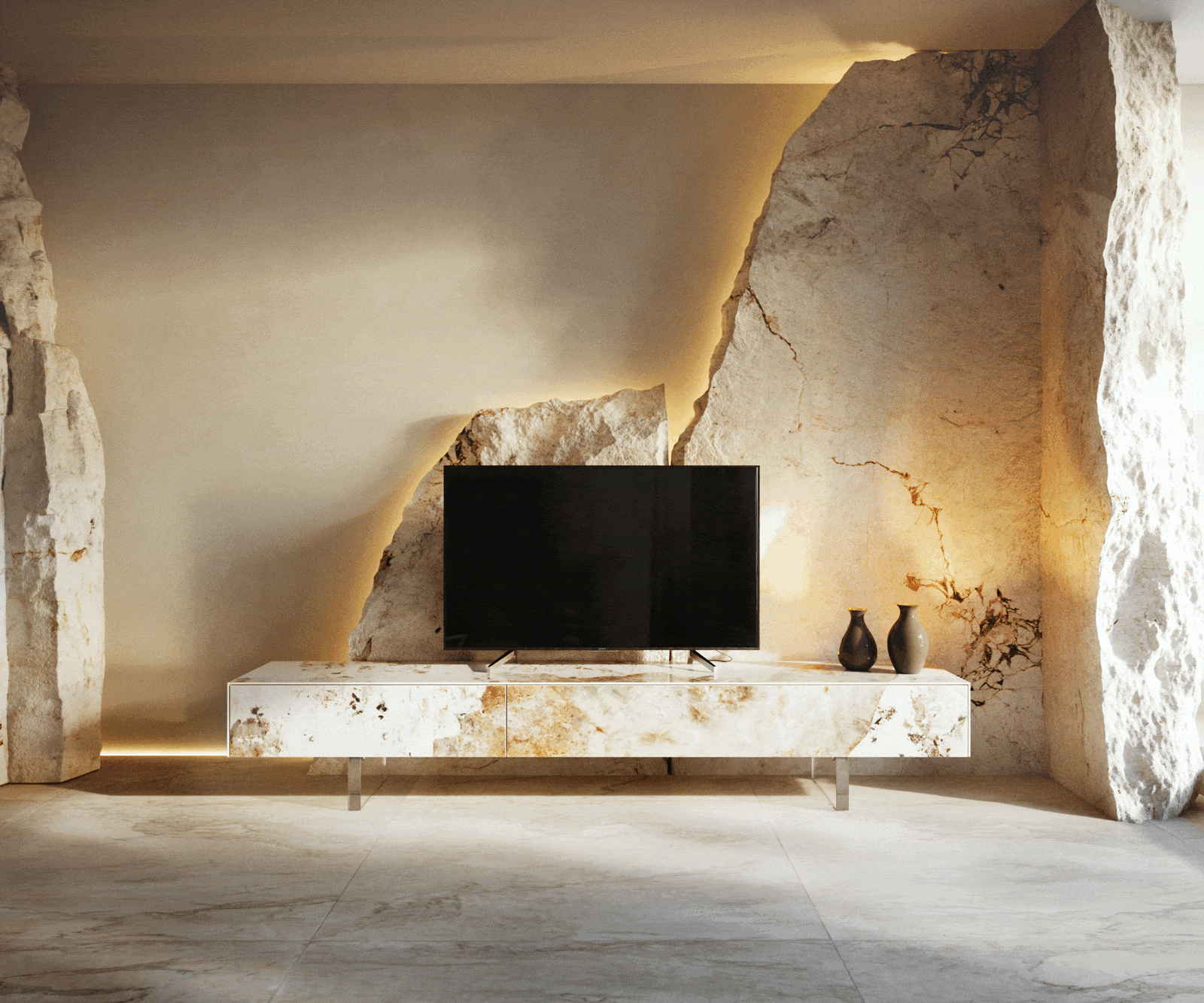 Lowboard Cuor 200 cm Keramik Minas Melange Weiß-Beige 1 Klappe 1 Schubfach Fuß Schwebeoptik Acrylglas 5 Lowboard Cuor 200 cm Keramik Minas Melange Weiß-Beige 1 Klappe 1 Schubfach Fuß Schwebeoptik Acrylglas 5