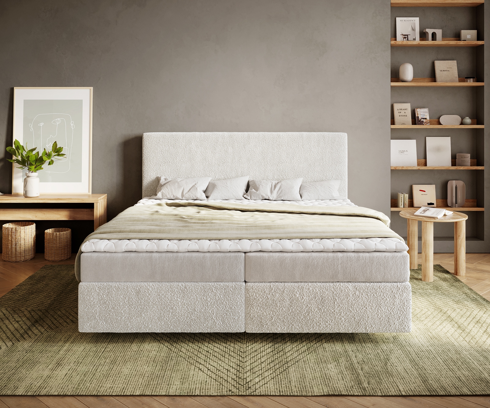 Boxspringbett Dream-Well 180x200 cm Bouclé Creme-Weiß mit Matratze und Topper 1 Boxspringbett Dream-Well 180x200 cm Bouclé Creme-Weiß mit Matratze und Topper 1