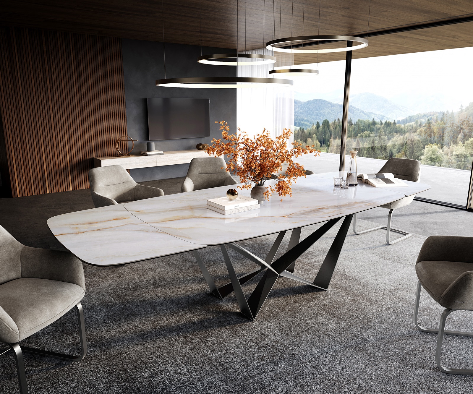 Esstisch Edge Boot 200-300x120 cm Keramik Onyx Pearl Spider Flachstahl Edelstahl Graphit ausziehbar