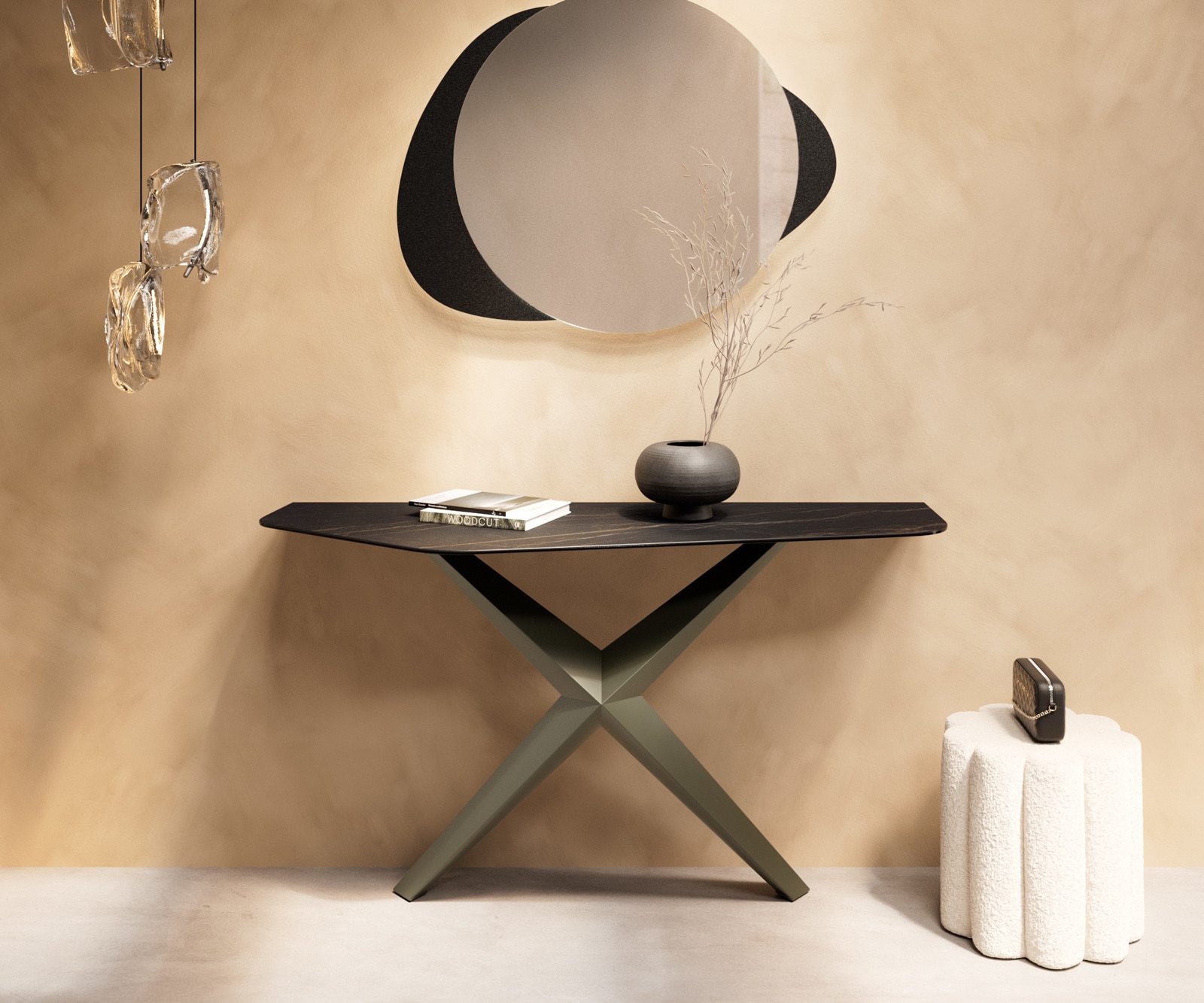 Konsolentisch Edge Polygonal 140x50 cm Keramik Laminam® Noir Desir Braun Zentharo Metall Effektfinish Titan