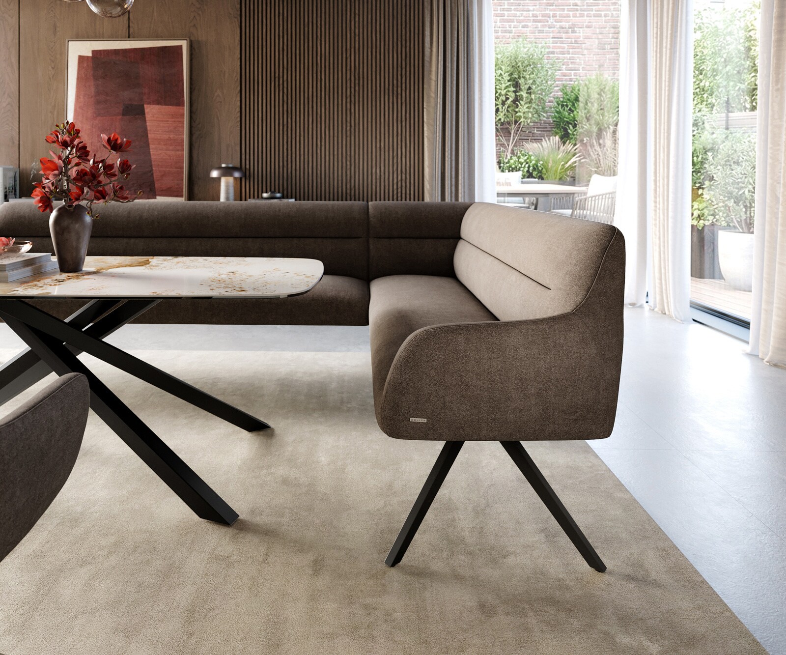 Esszimmerbank Taya-Flex 285x190 cm Strukturstoff Soft Taupe Kreuzgestell kantig Schwarz Taschenfederkern Links 5