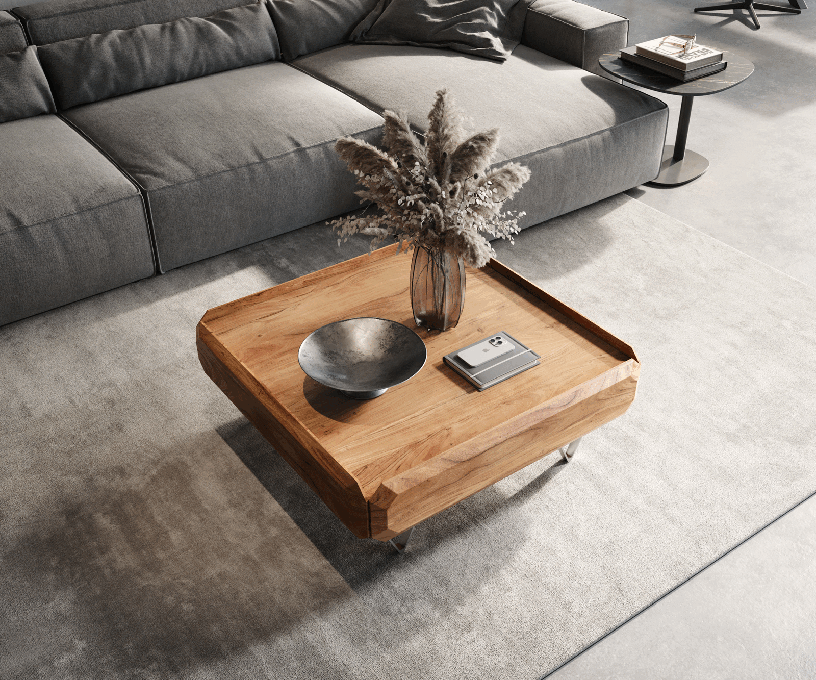 Couchtisch Kiano 90x90 cm Akazie Natur 2 Schübe V-Fuß Edelstahl 3