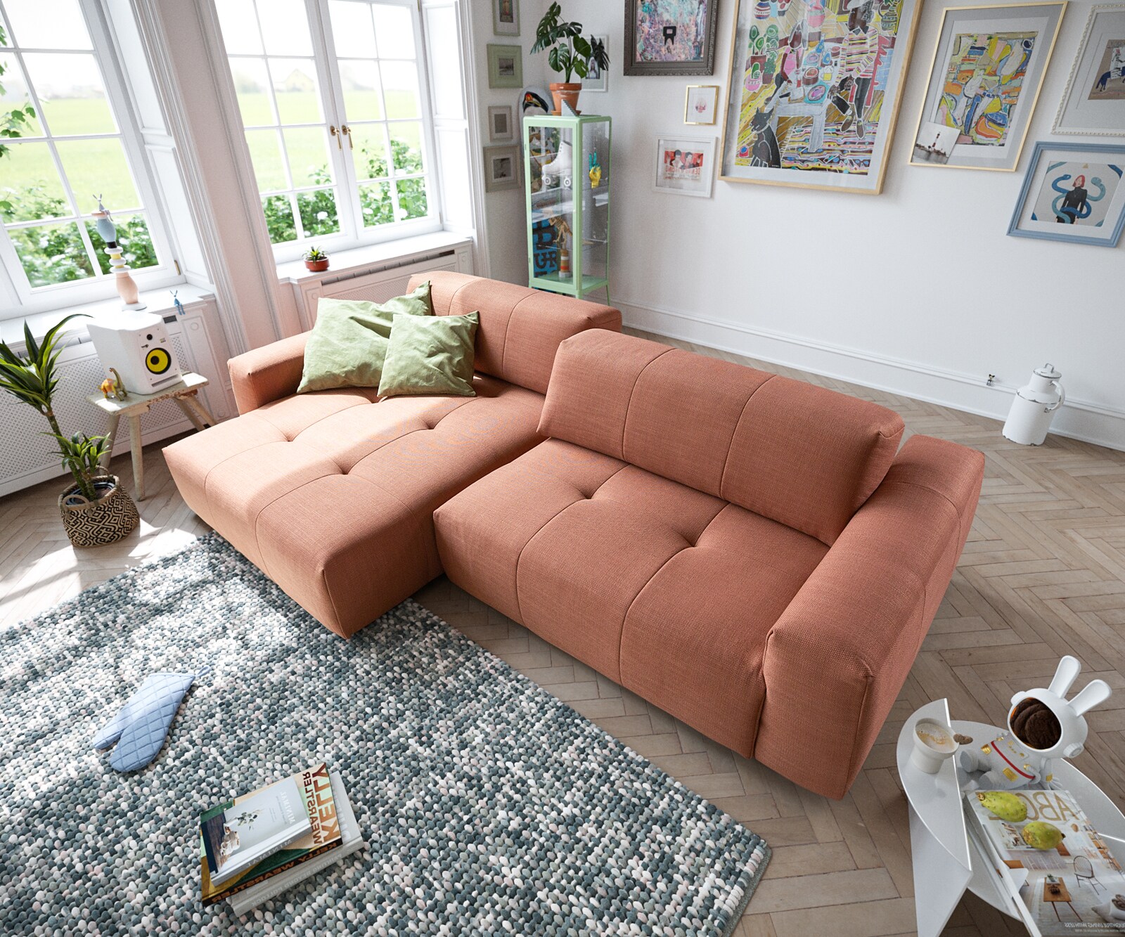 Ecksofa Lazaro 300x160 cm Flachgewebe Orange Ottomane links mit Sitztiefenverstellung 4