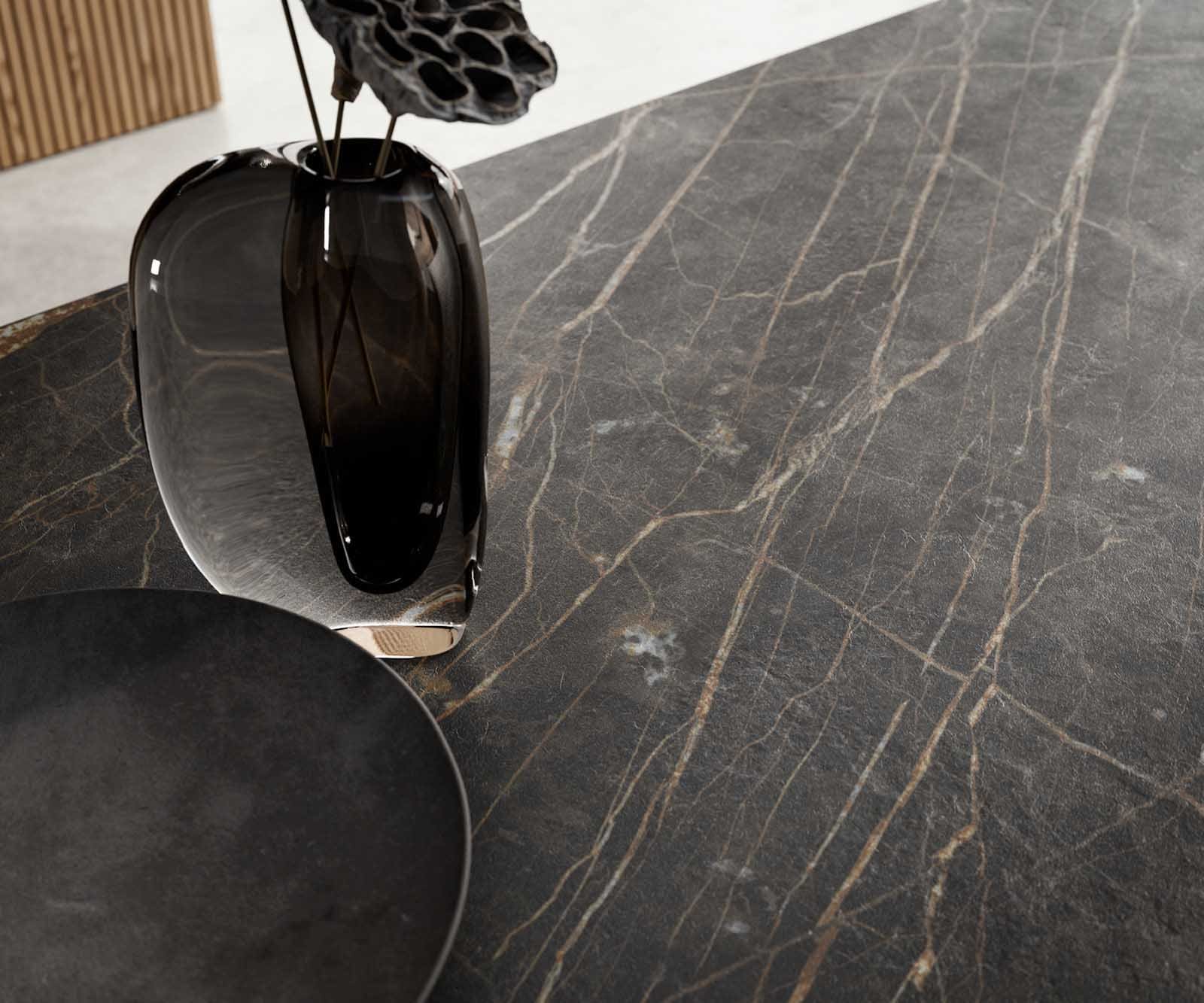 Esstisch Edge 200-300x100 Keramik Laminam®Noir Desir Braun Kreuzgestell Rechteck Edelstahl ausziehbar 8