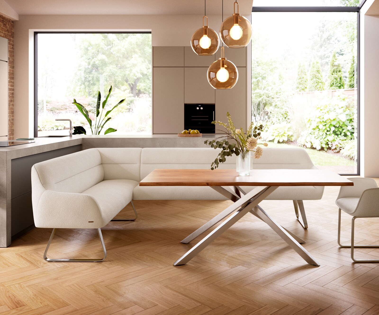 Esszimmerbank Taya-Flex 285x190 cm Bouclé Creme-Weiß Kufengestell flach Edelstahl Taschenfederkern Rechts 2