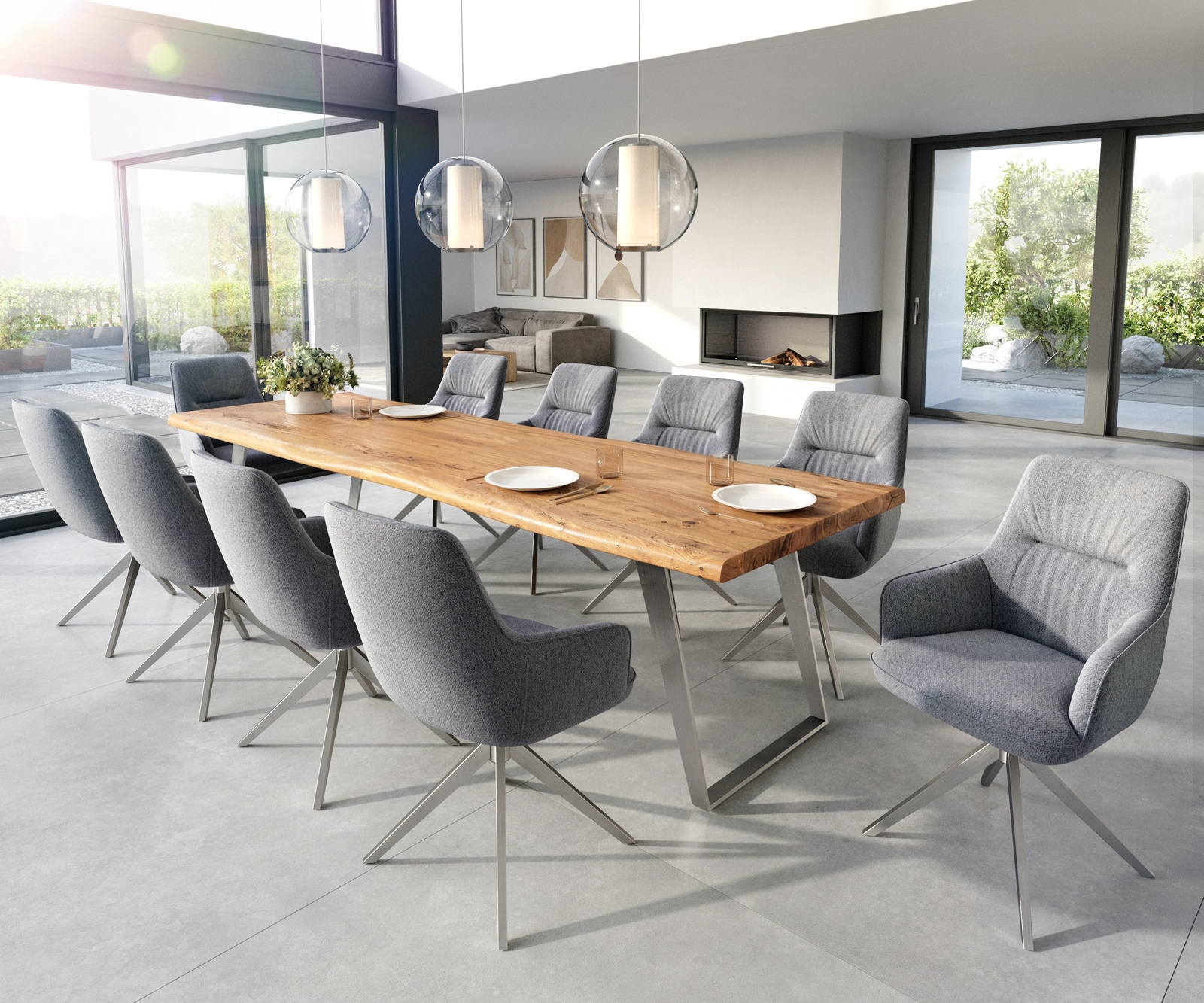 Esszimmerstuhl Zelia-Flex mit Armlehnen Strukturstoff Hellgrau Kreuzgestell breit Edelstahl Taschenfederkern 4