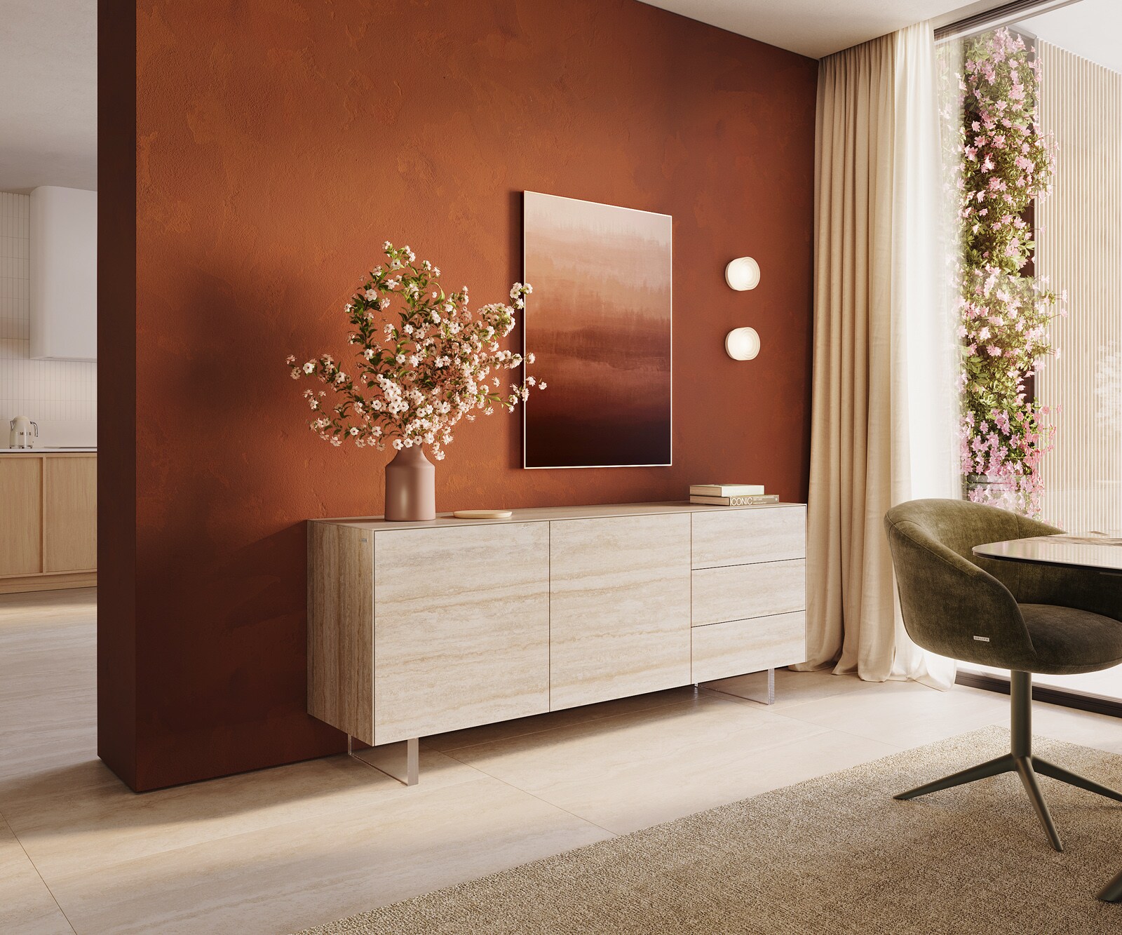 Sideboard Cuor 180 cm Keramik Laminam® Travertino Bianco Creme-Weiß 2 Türen 3 Schubfächer Fuß Schwebeoptik Acrylglas 1