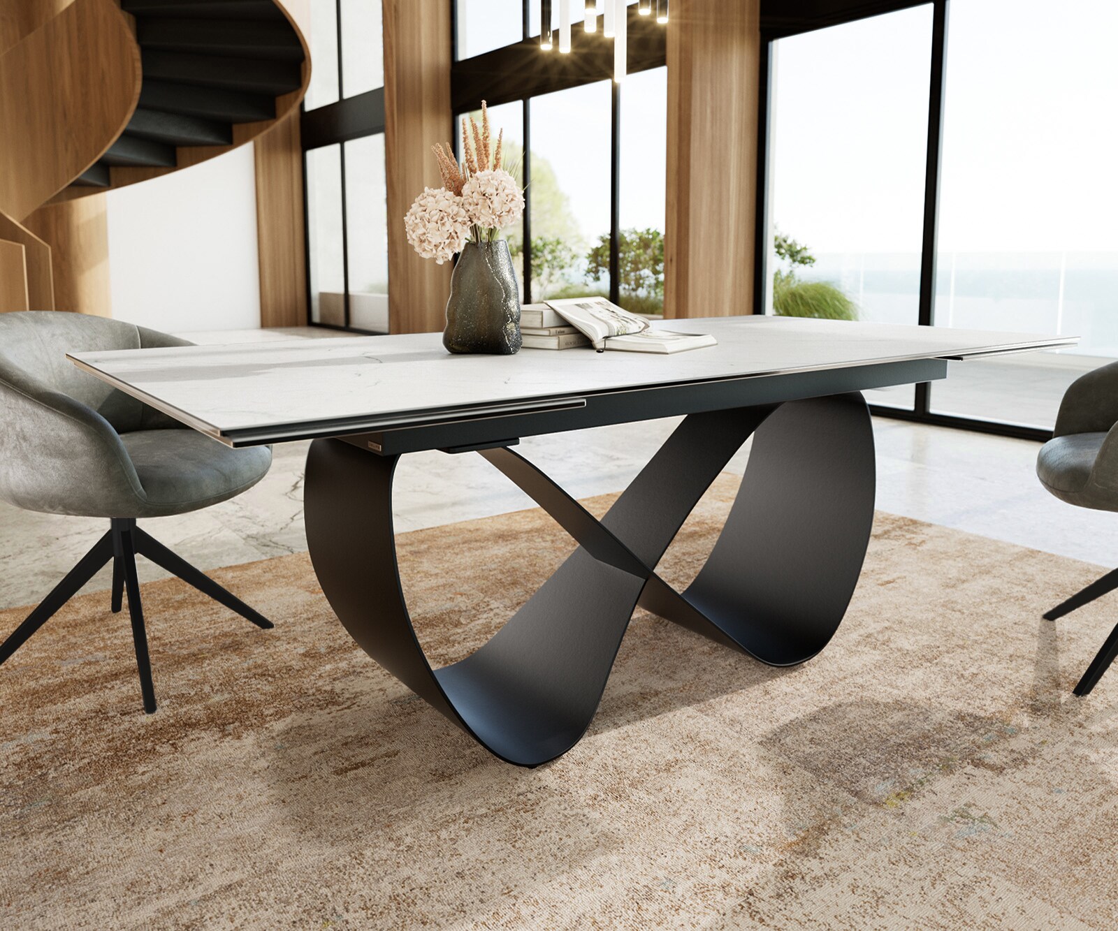 Esstisch Edge 200-300x100 cm Keramik Laminam® Statuarietto Weiß Infinity Metall Schwarz ausziehbar 5